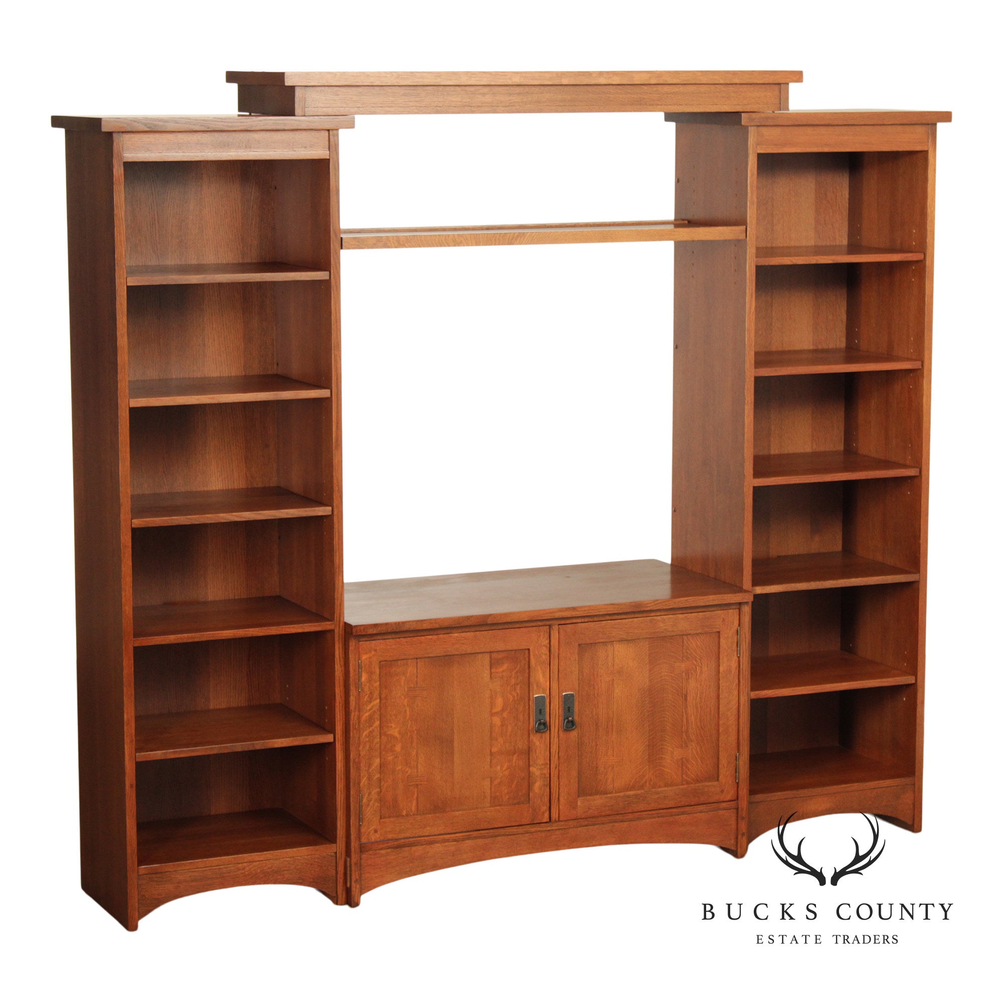 Stickley Mission Collection Oak Wall Unit Entertainment Cabinet With Bookshelves