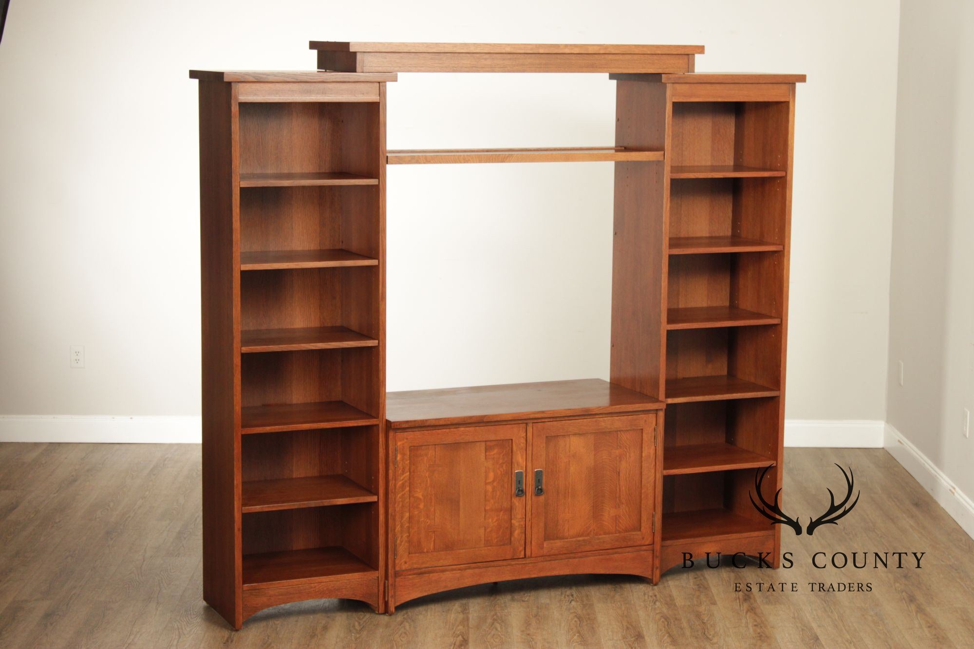 Stickley Mission Collection Oak Wall Unit Entertainment Cabinet With Bookshelves