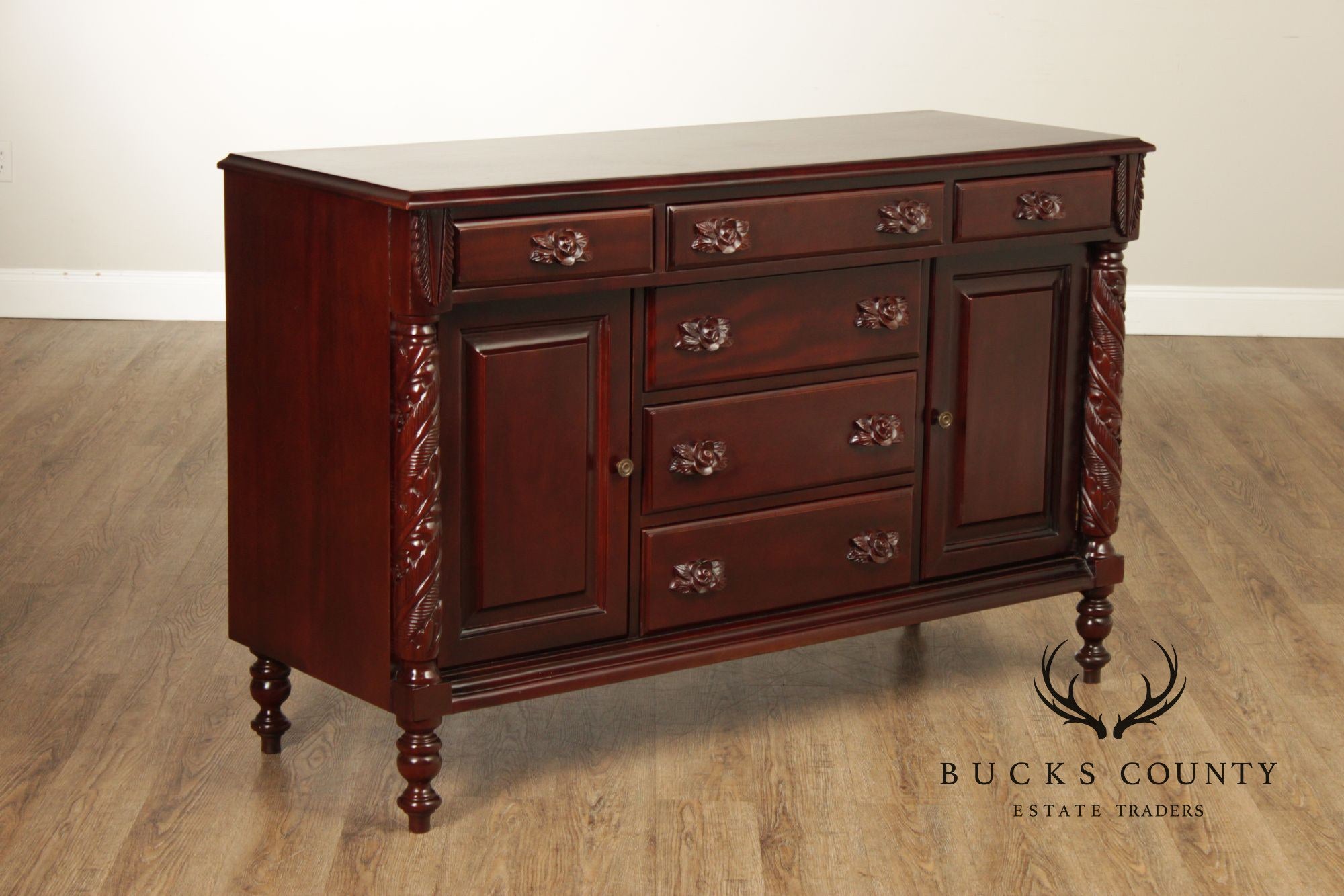 Carlton McLendon Victorian Style Solid Mahogany Carved Sideboard