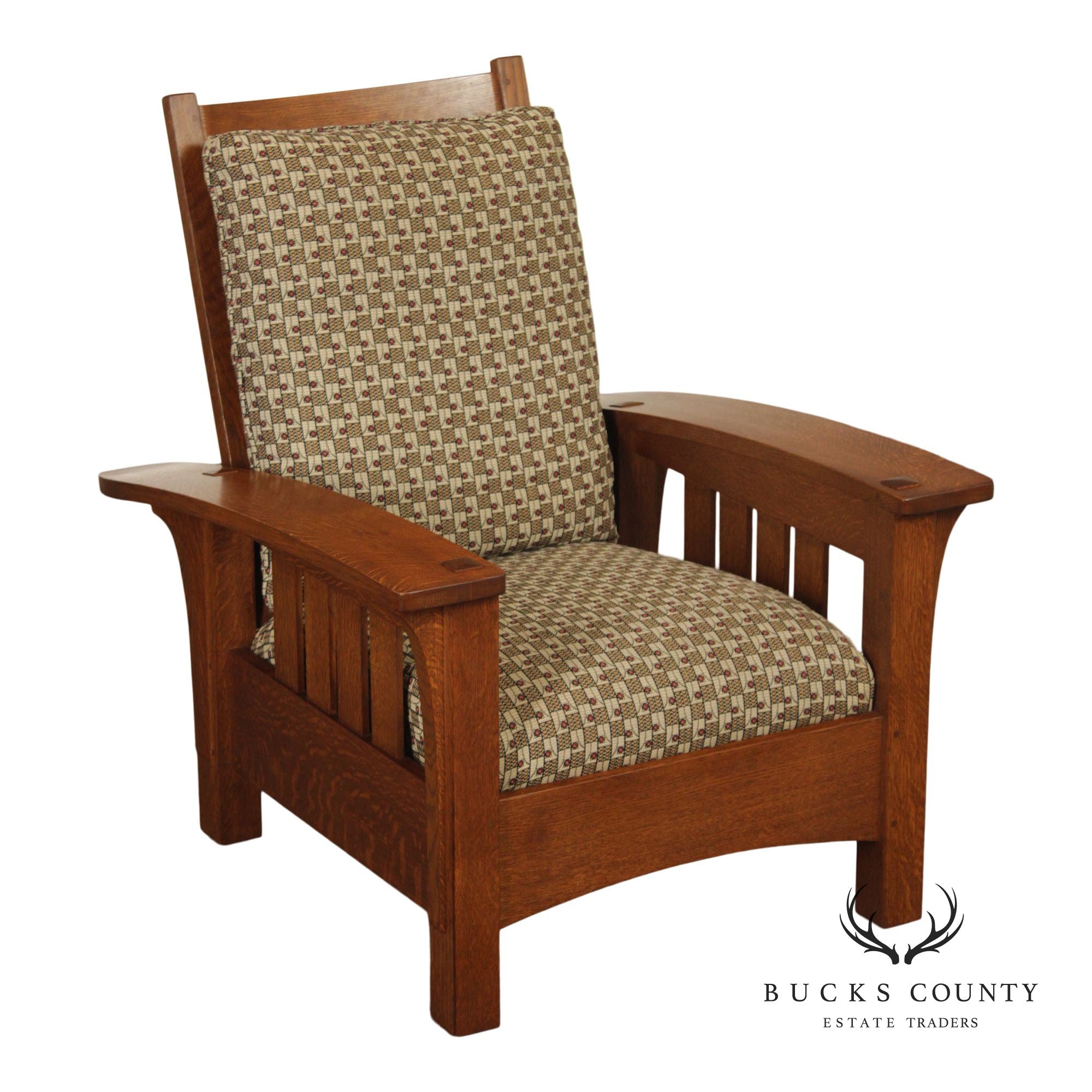 Stickley Mission Collection Oak And Custom Upholstery Bow Arm Morris Chair
