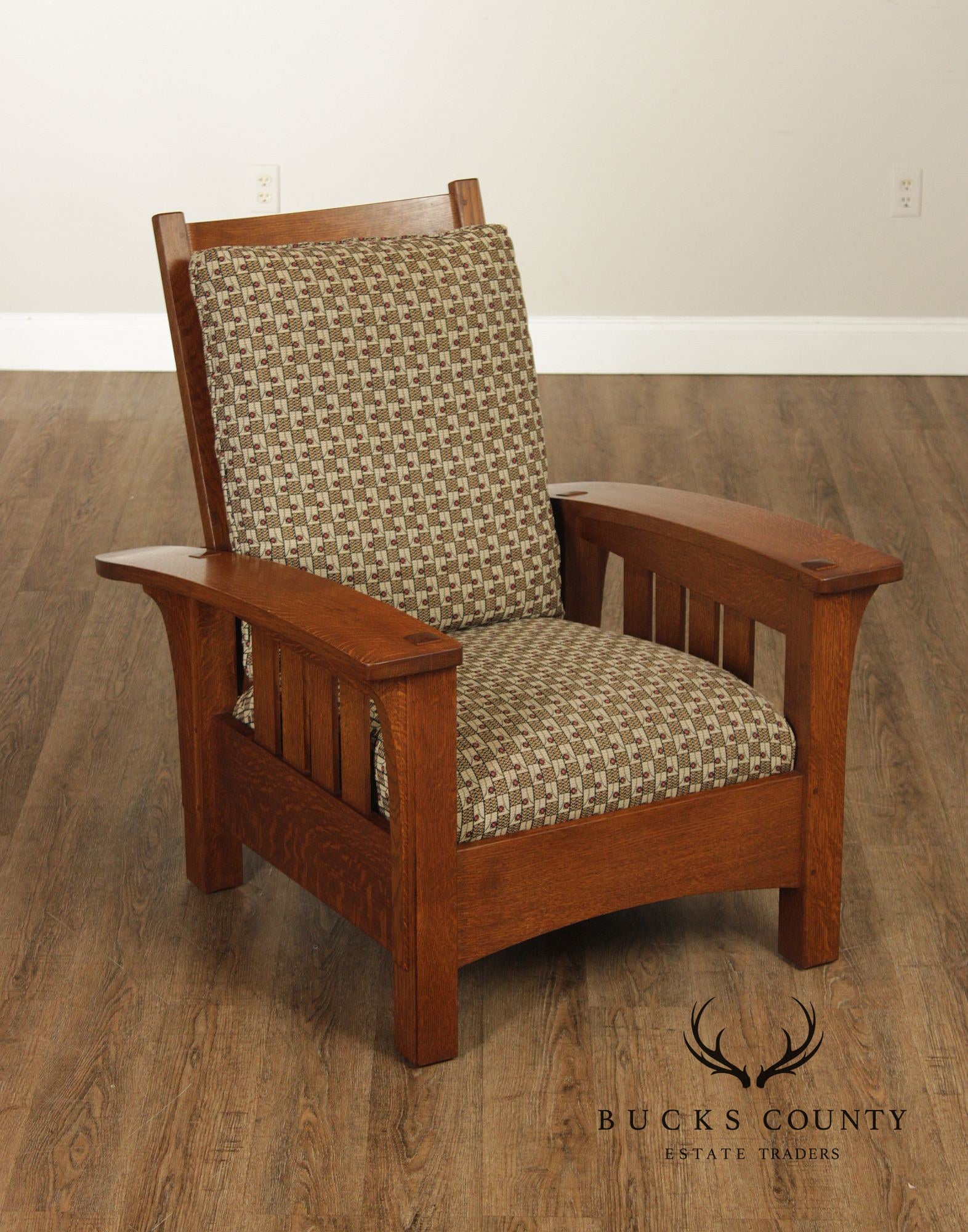 Stickley Mission Collection Oak And Custom Upholstery Bow Arm Morris Chair
