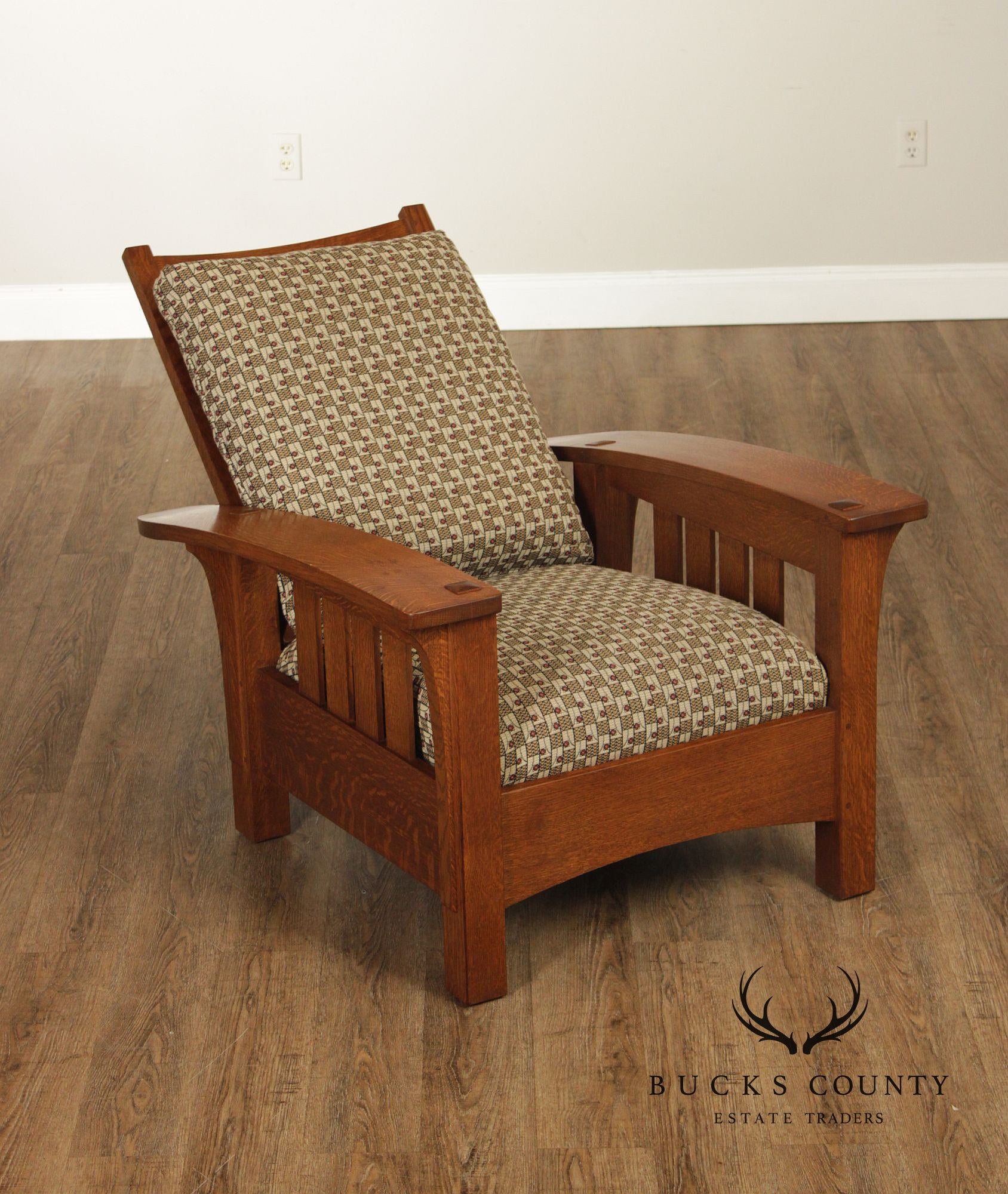 Stickley Mission Collection Oak And Custom Upholstery Bow Arm Morris Chair