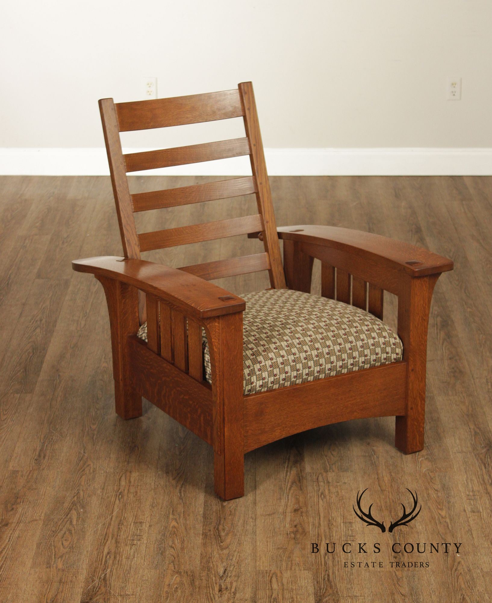 Stickley Mission Collection Oak And Custom Upholstery Bow Arm Morris Chair