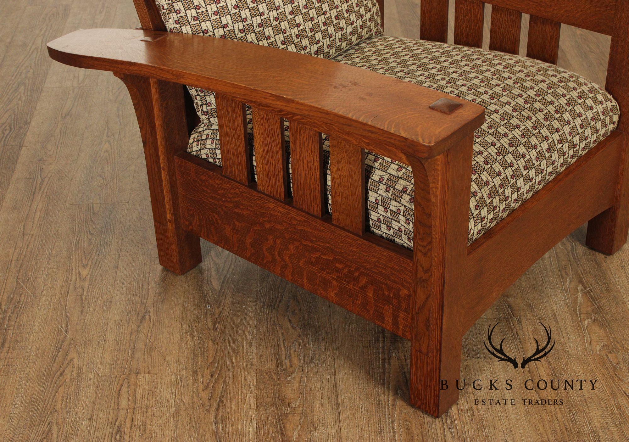 Stickley Mission Collection Oak And Custom Upholstery Bow Arm Morris Chair