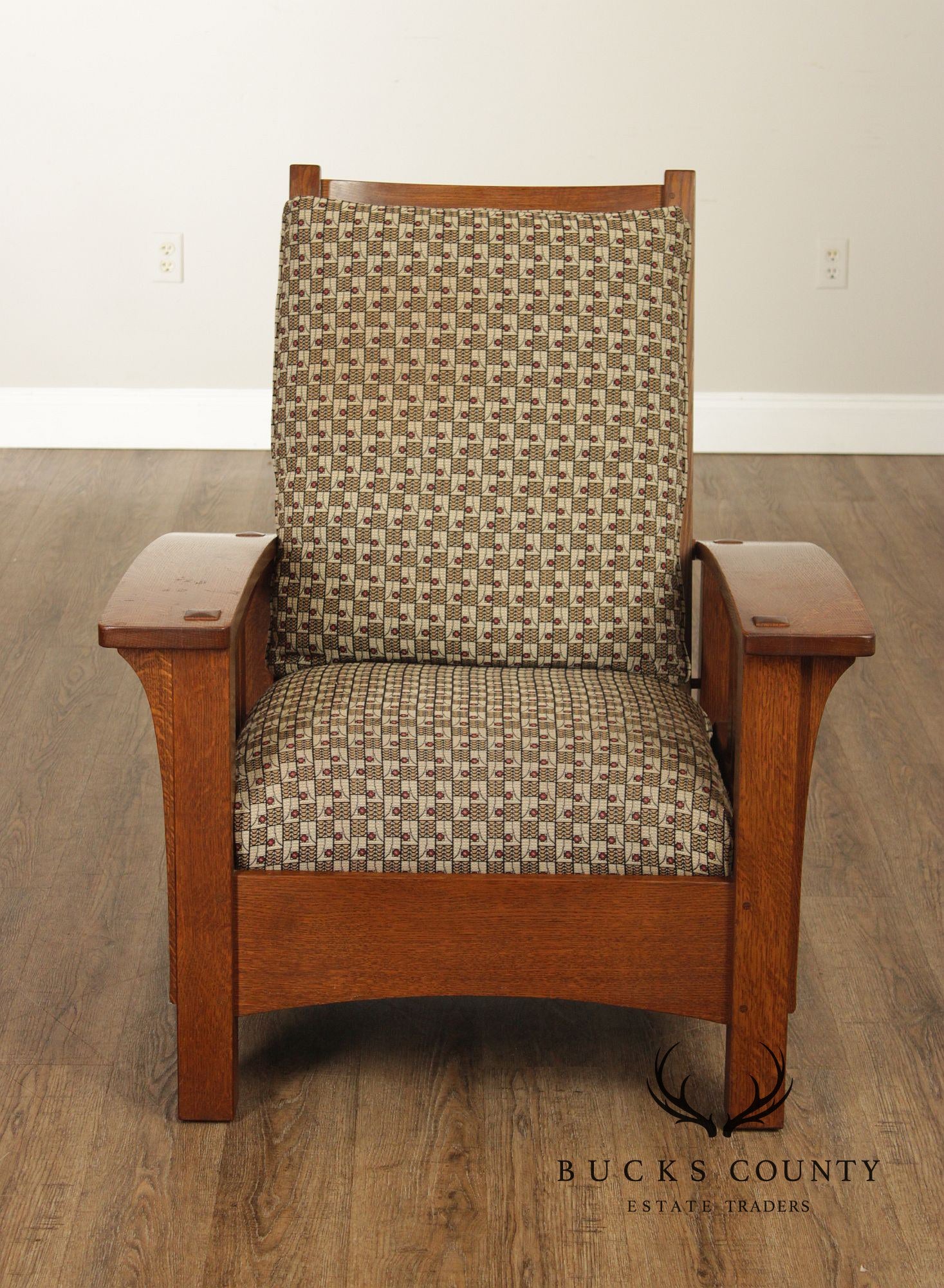 Stickley Mission Collection Oak And Custom Upholstery Bow Arm Morris Chair