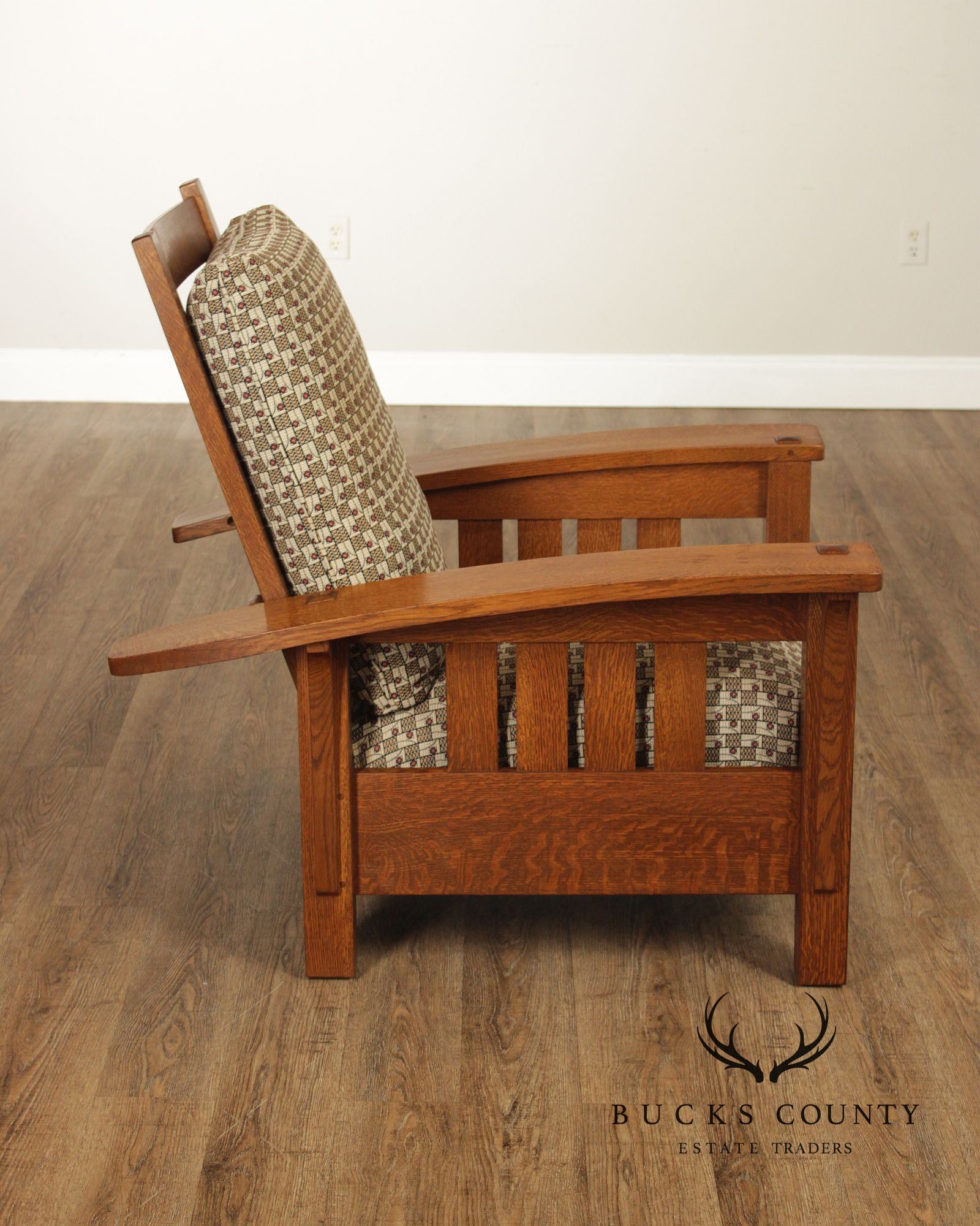 Stickley Mission Collection Oak And Custom Upholstery Bow Arm Morris Chair