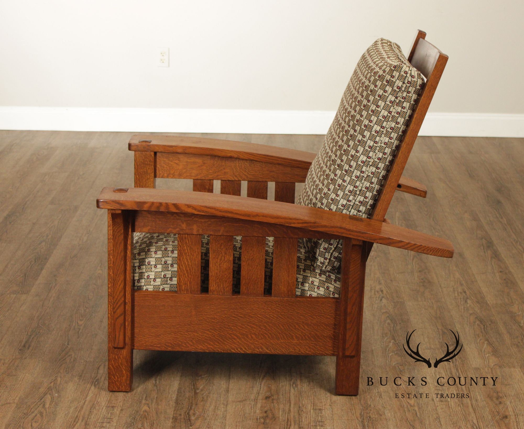 Stickley Mission Collection Oak And Custom Upholstery Bow Arm Morris Chair
