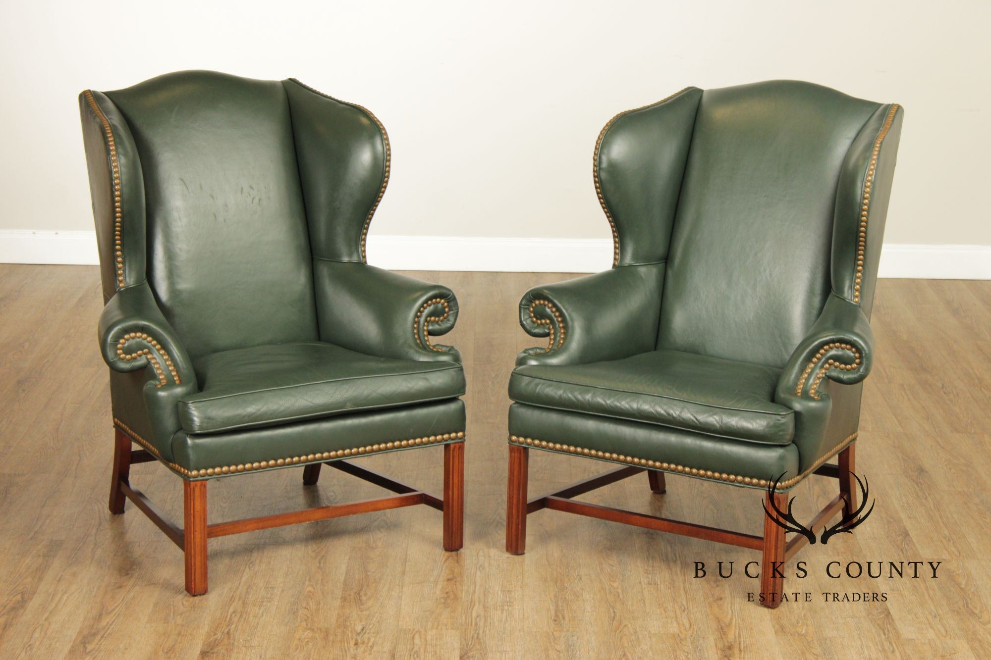 Whittemore Sherrill Chippendale Style Pair Of Green Leather Wing Chairs