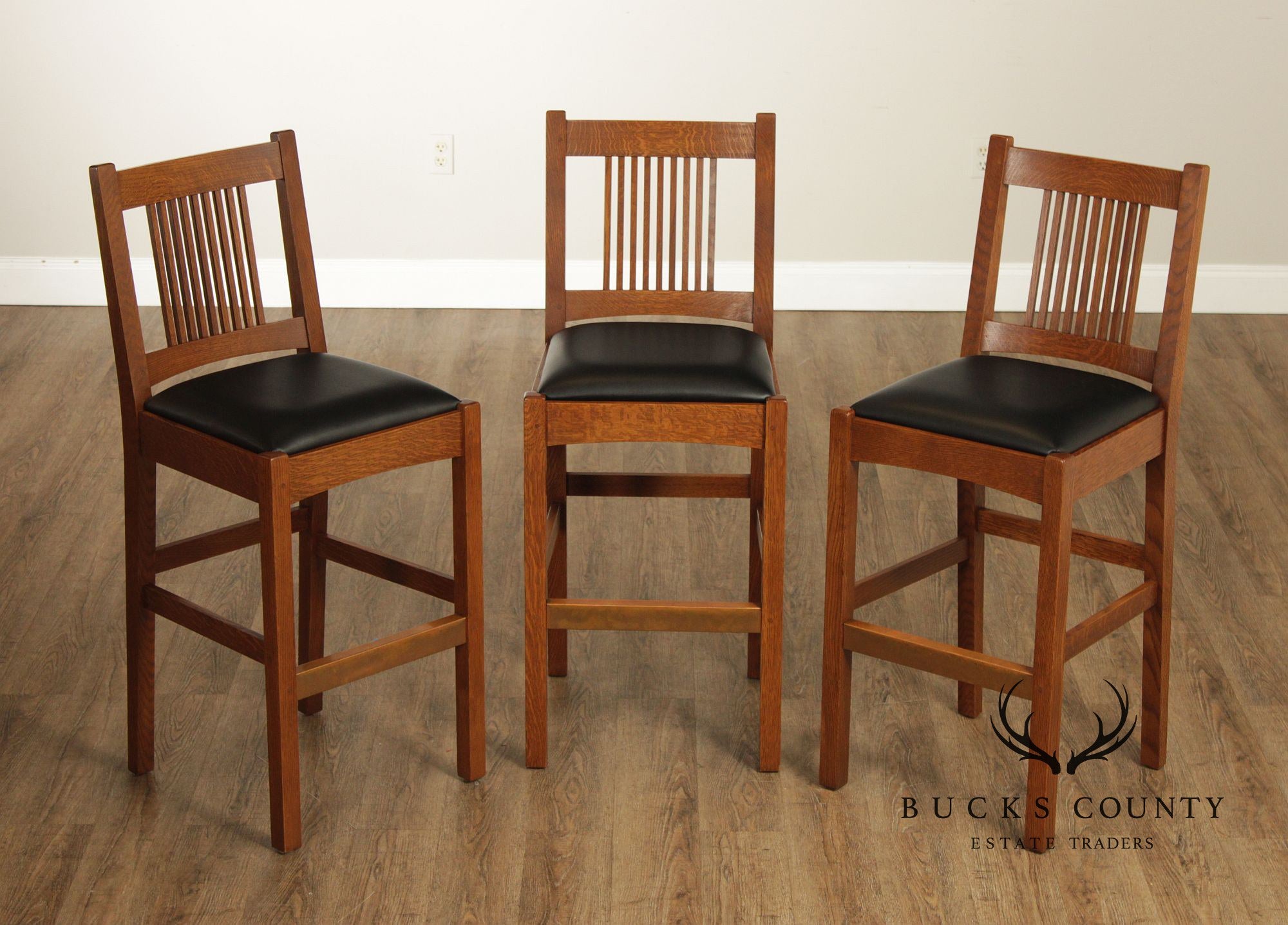 Stickley Mission Collection Oak Set Of Three Bar Stools
