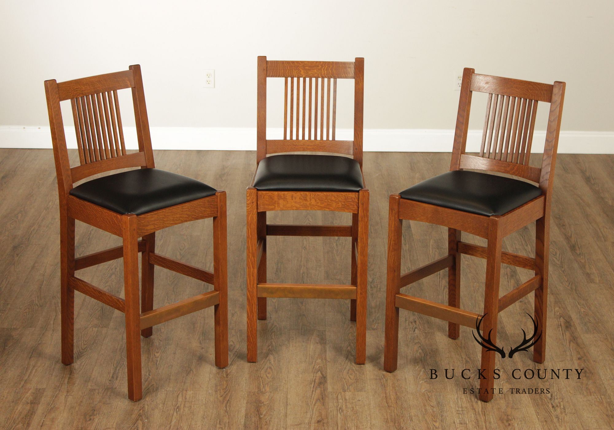 Stickley Mission Collection Oak Set Of Three Bar Stools