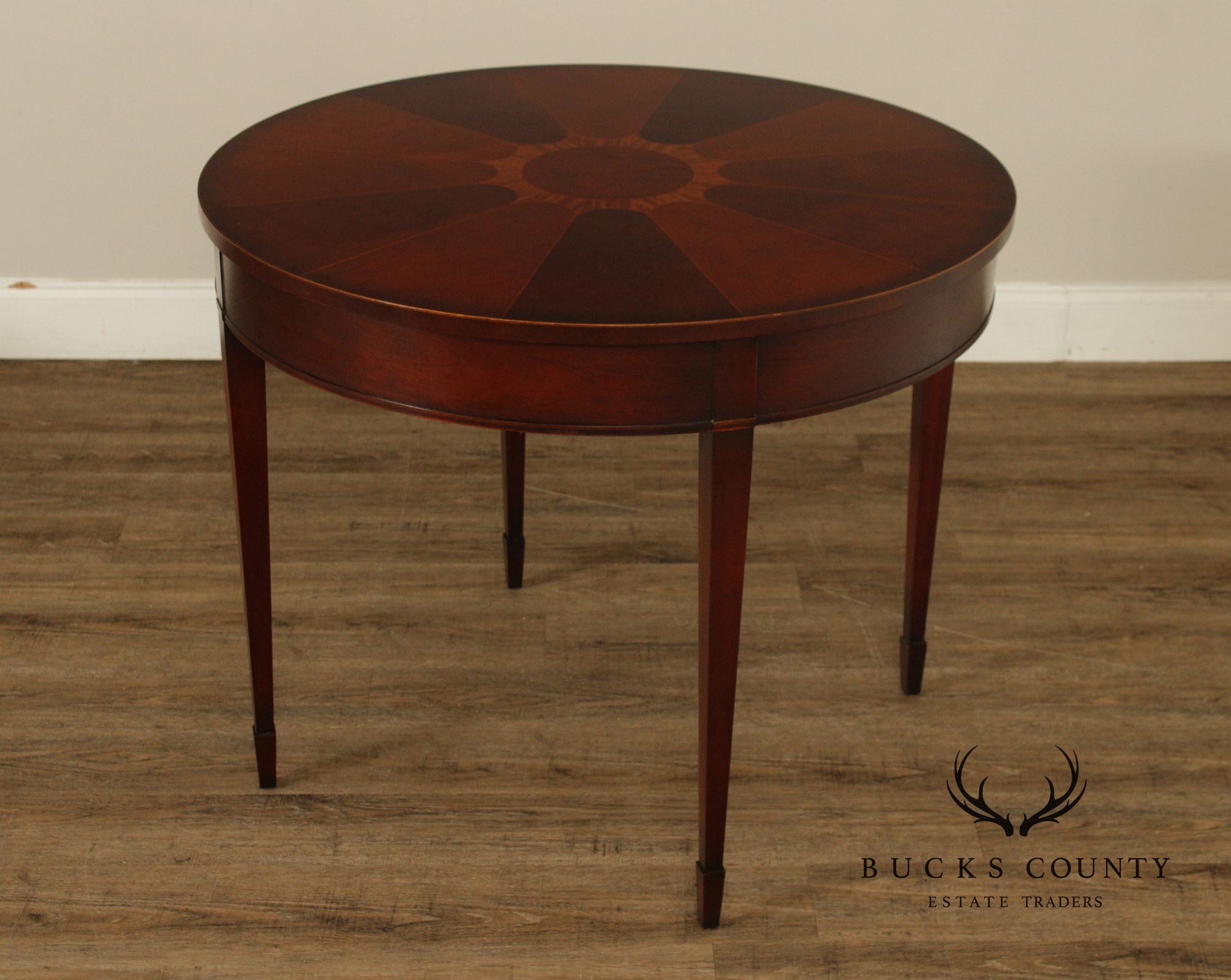 Baker Neoclassical Style Mahogany Inlaid Sunburst Round Center Table