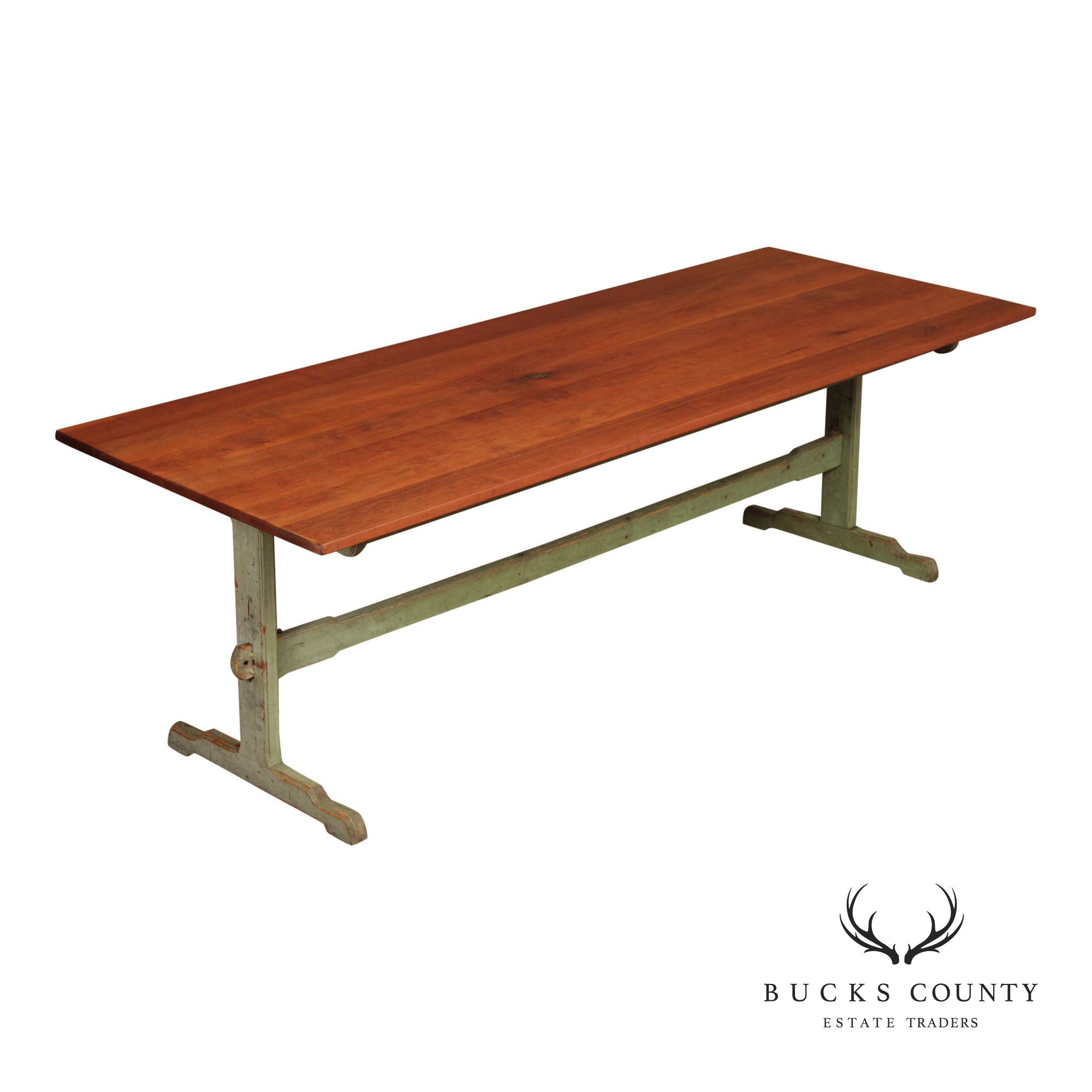 Rustic Farmhouse Style Painted Trestle Base Cherry Dining Table