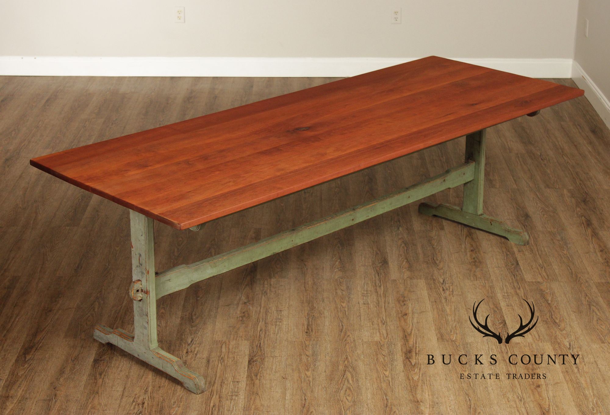 Rustic Farmhouse Style Painted Trestle Base Cherry Dining Table