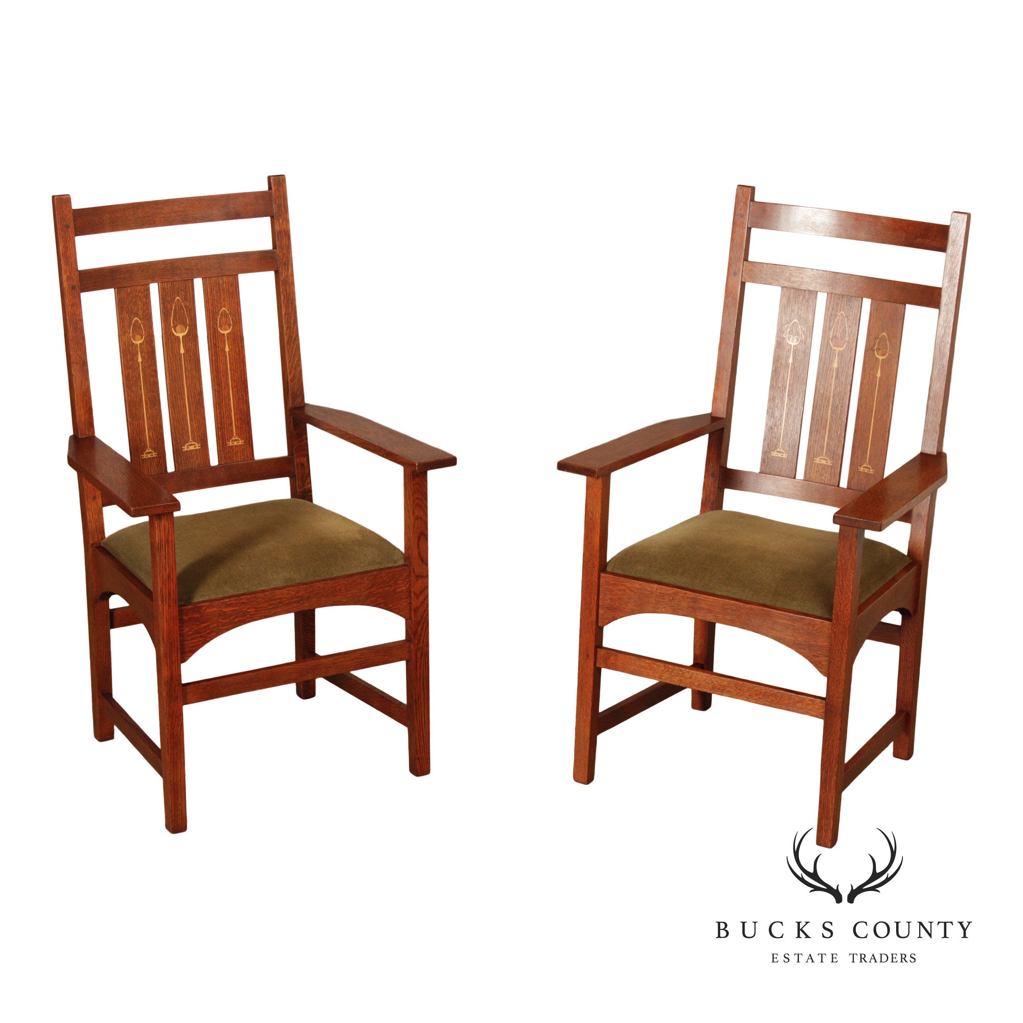 Stickley Mission Collection Pair of Harvey Ellis Inlaid Oak Dining Armchairs