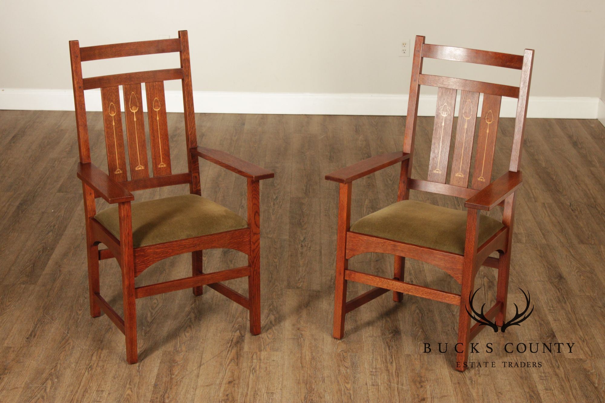 Stickley Mission Collection Pair of Harvey Ellis Inlaid Oak Dining Armchairs