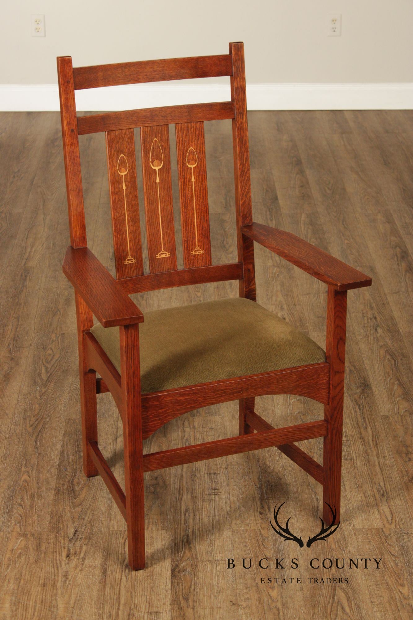 Stickley Mission Collection Pair of Harvey Ellis Inlaid Oak Dining Armchairs