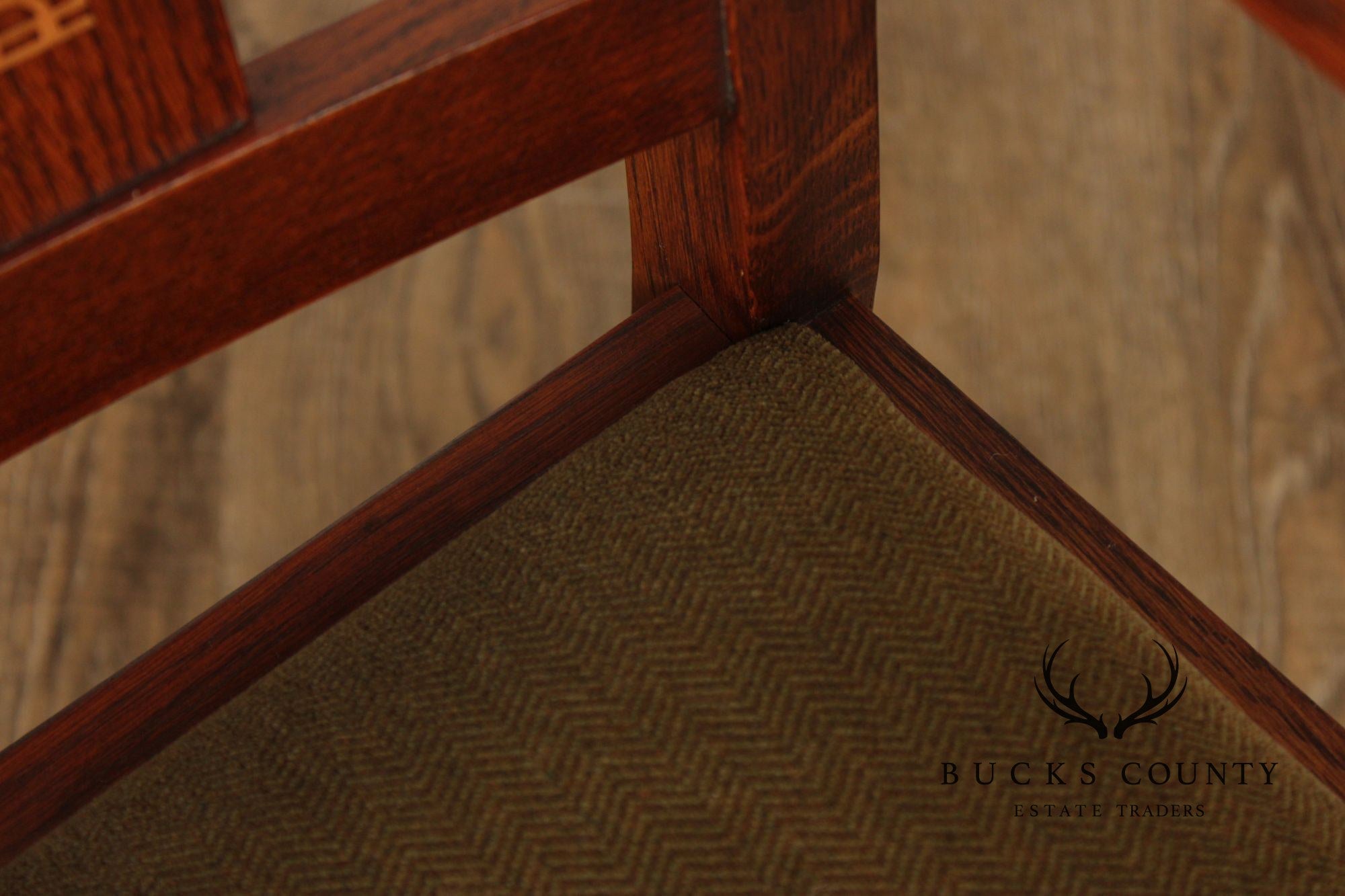 Stickley Mission Collection Pair of Harvey Ellis Inlaid Oak Dining Armchairs