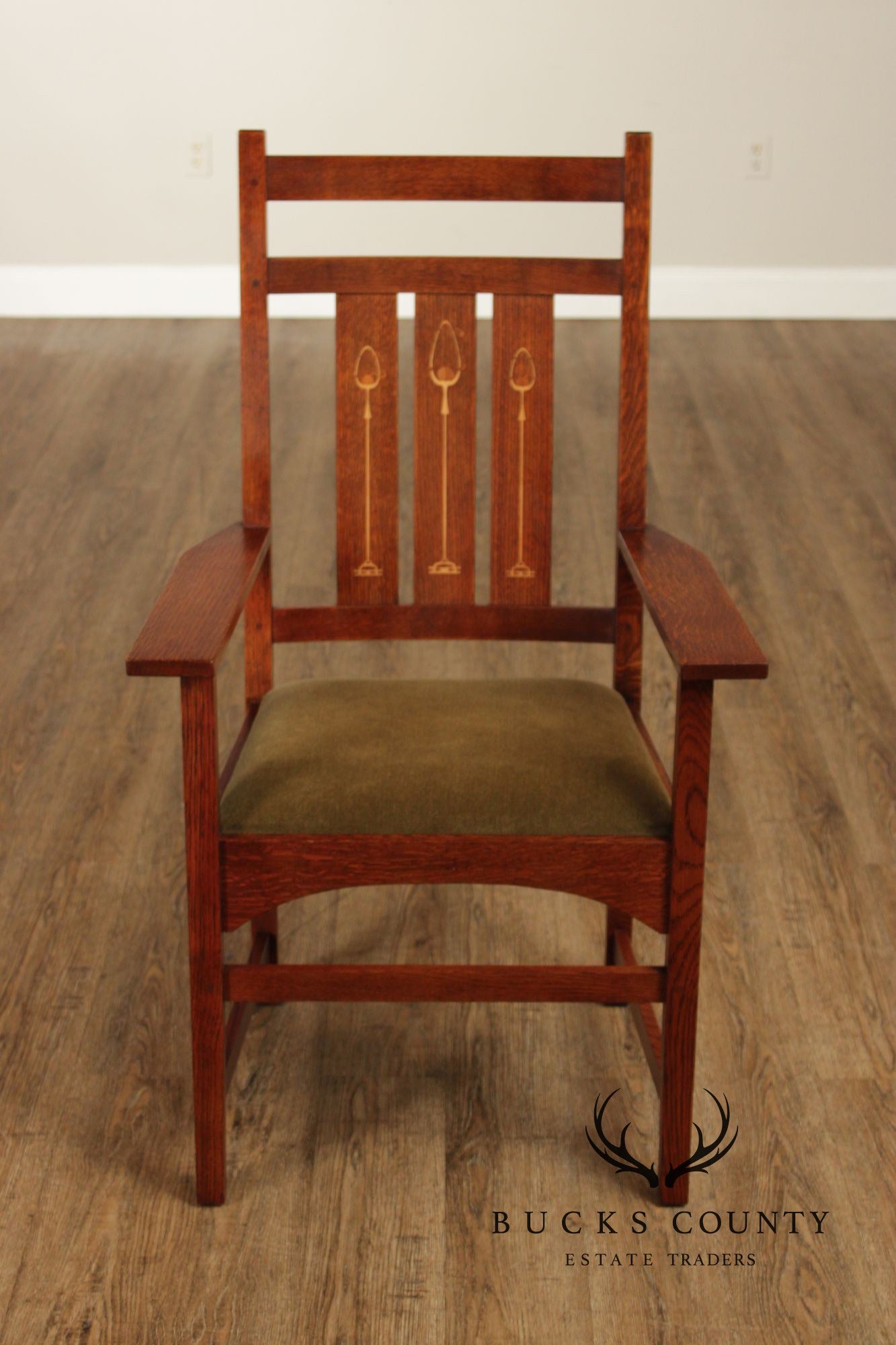 Stickley Mission Collection Pair of Harvey Ellis Inlaid Oak Dining Armchairs