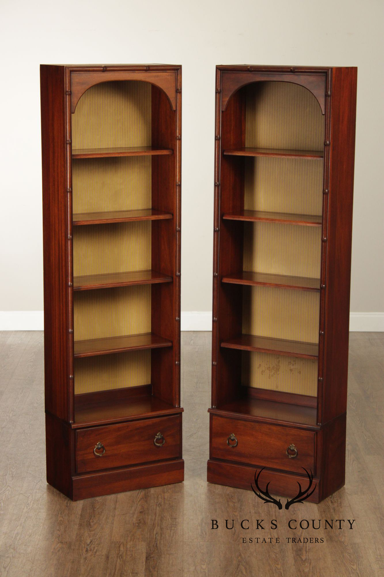 Butler Vintage Pair Of Faux Bamboo Mahogany Bookcases
