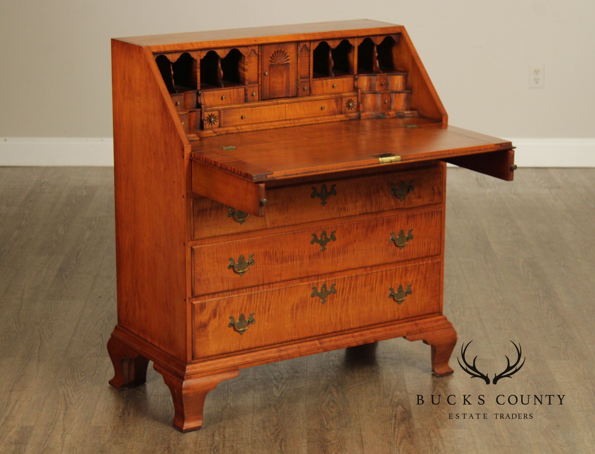 Eldred Wheeler Tiger Maple Chippendale Style Slant Front Desk