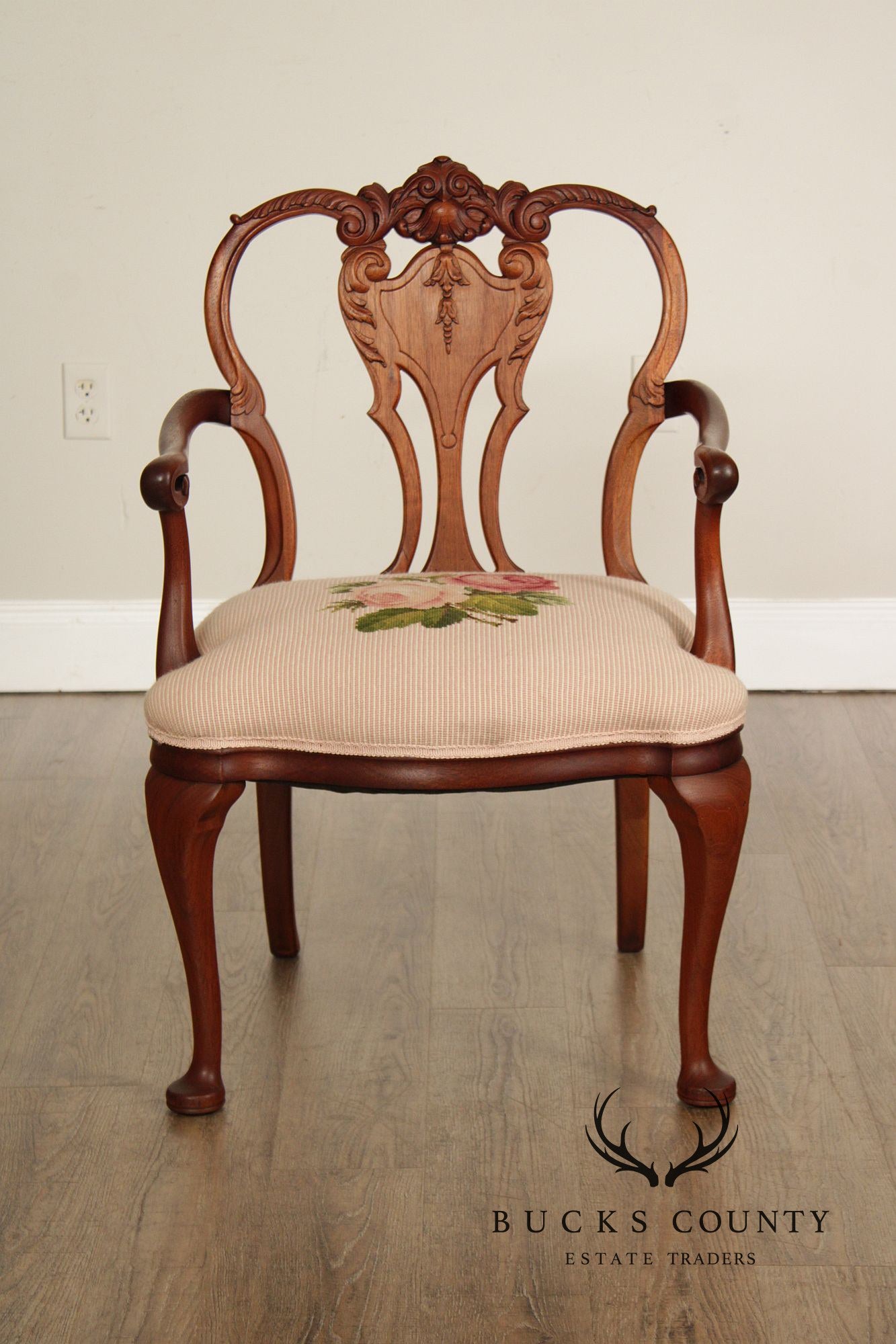 Antique Queen Anne Revival Mahogany Needlepoint Carved Open Arm Chair