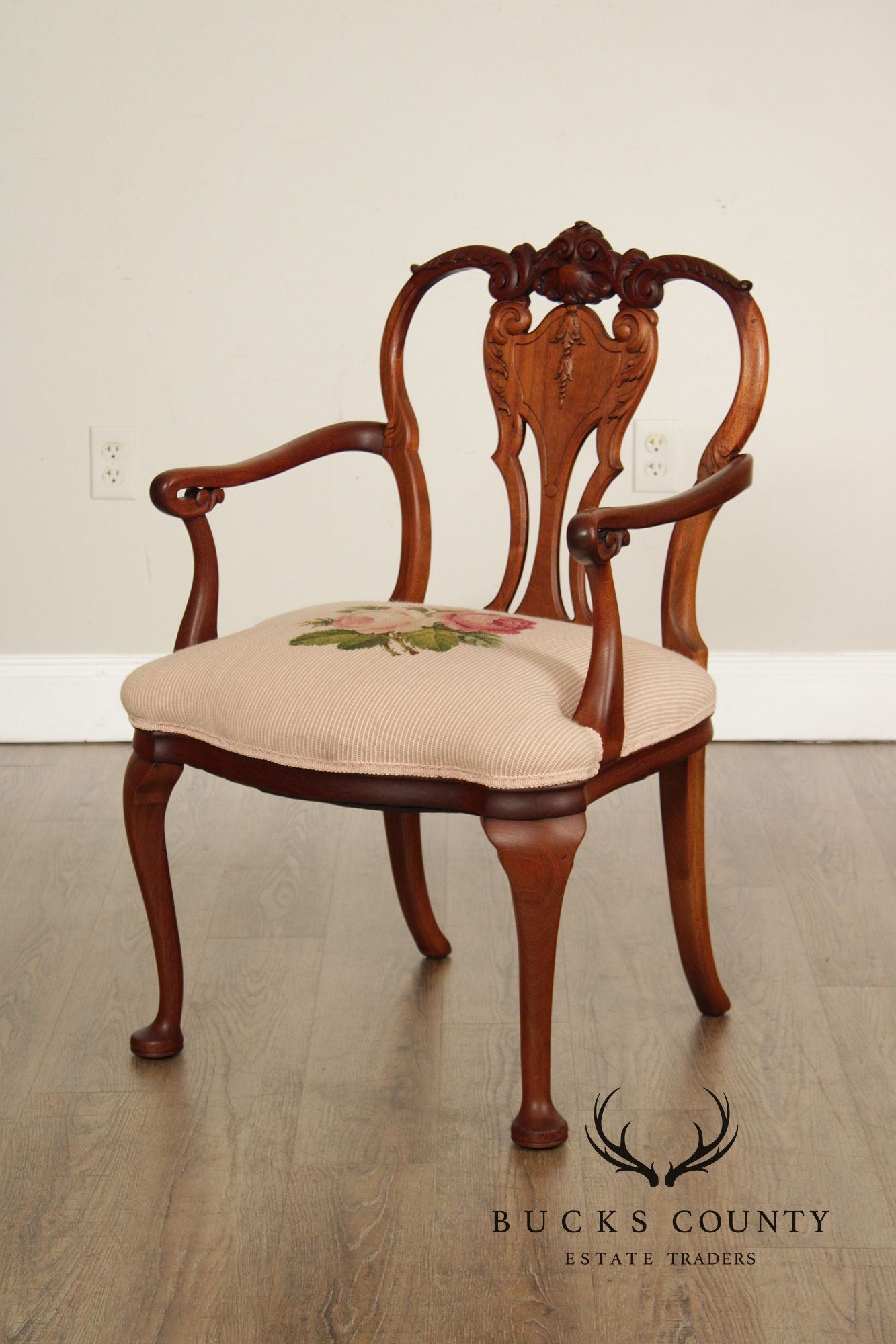 Antique Queen Anne Revival Mahogany Needlepoint Carved Open Arm Chair
