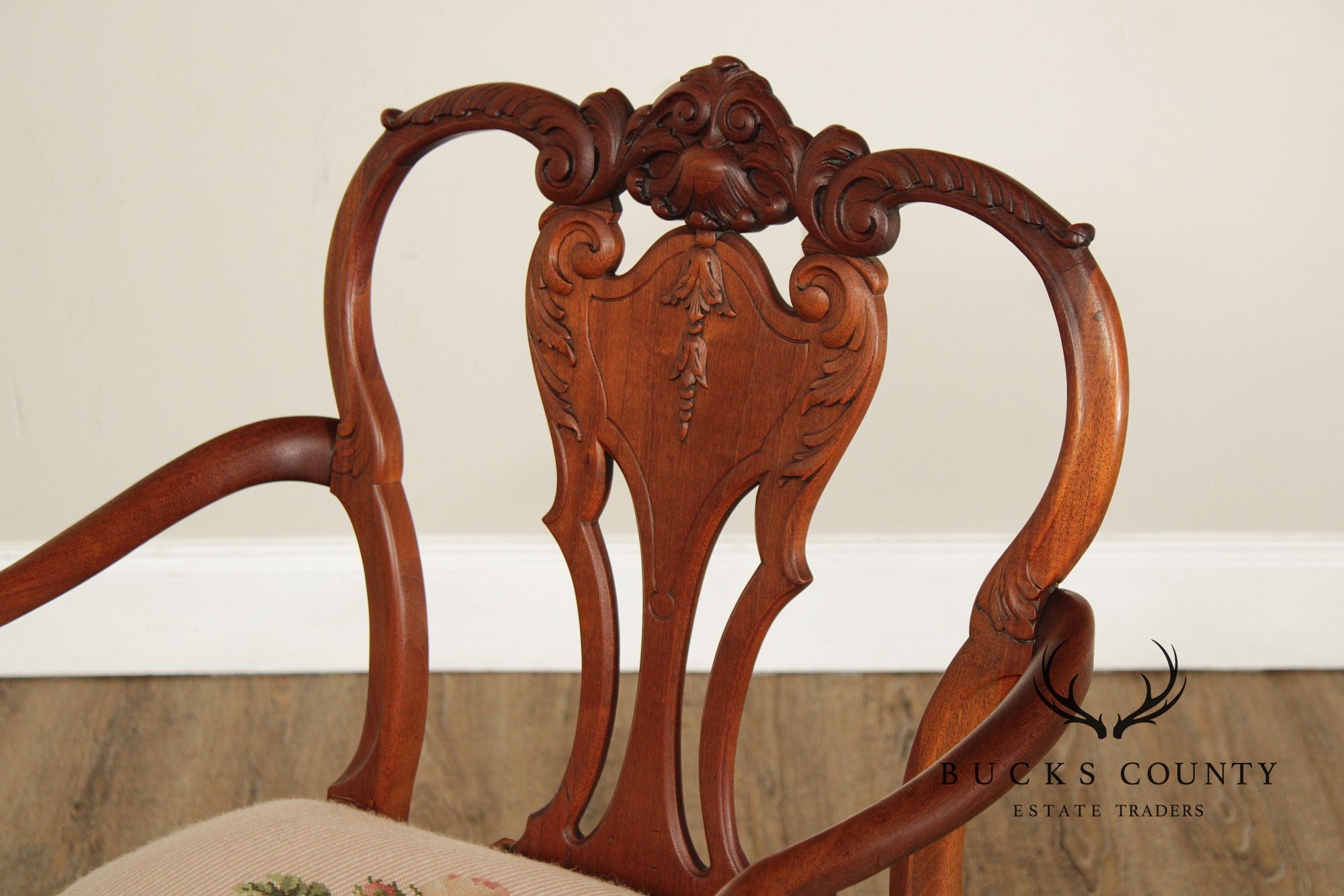 Antique Queen Anne Revival Mahogany Needlepoint Carved Open Arm Chair