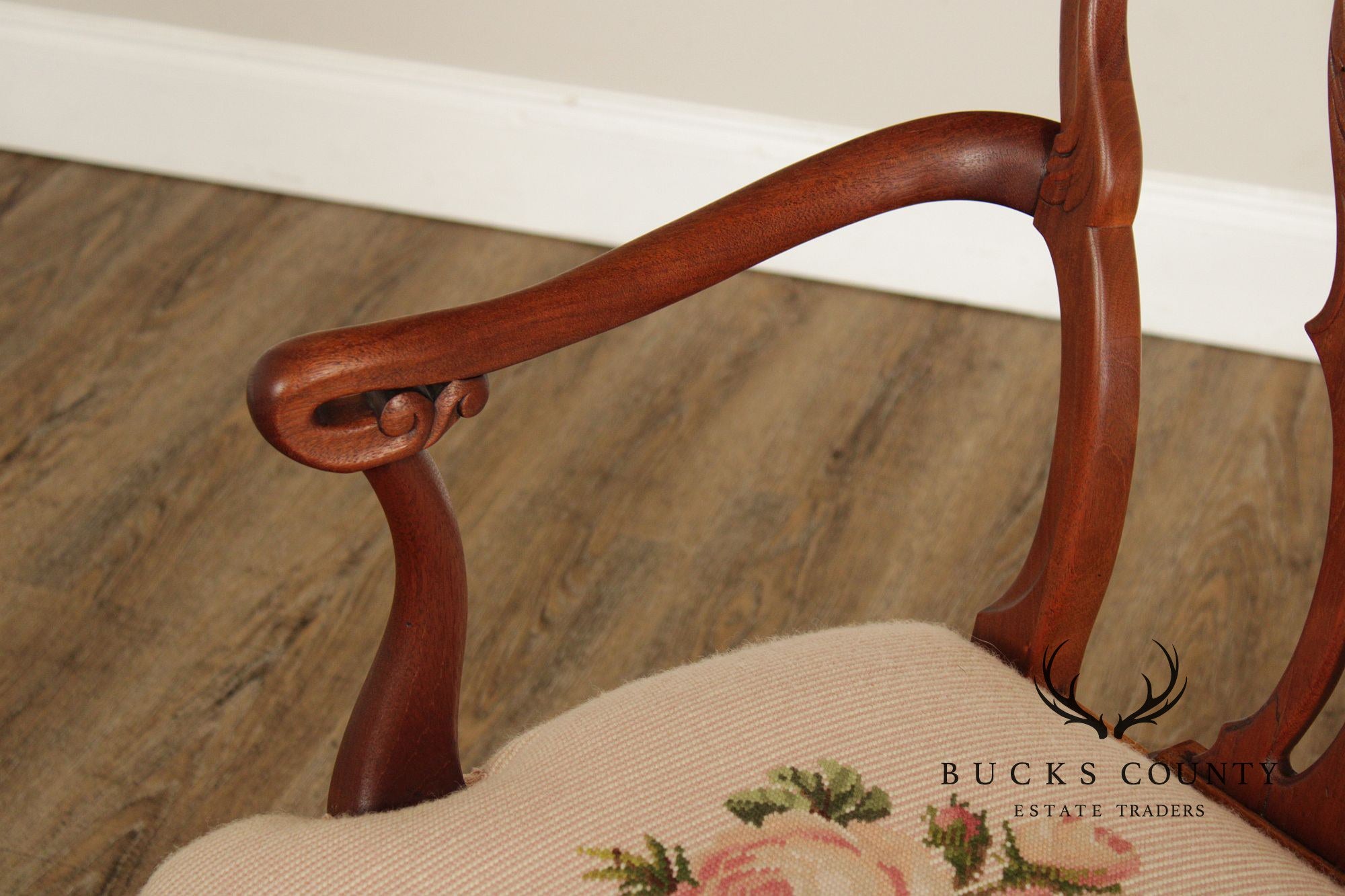 Antique Queen Anne Revival Mahogany Needlepoint Carved Open Arm Chair