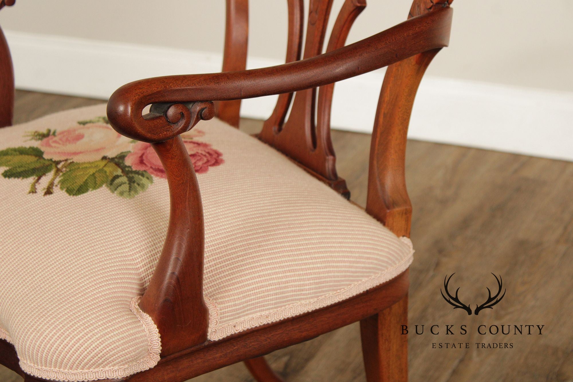 Antique Queen Anne Revival Mahogany Needlepoint Carved Open Arm Chair