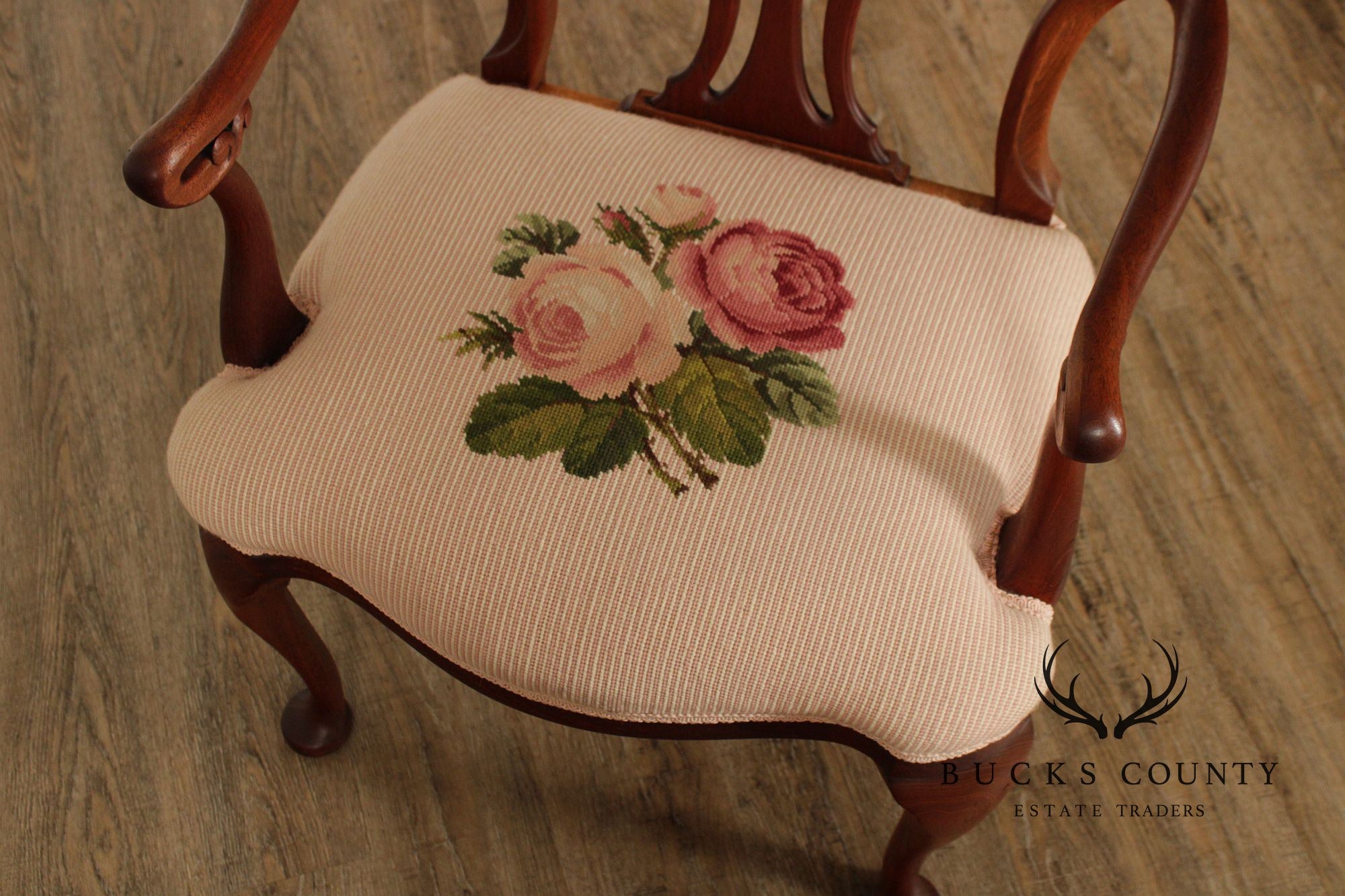 Antique Queen Anne Revival Mahogany Needlepoint Carved Open Arm Chair