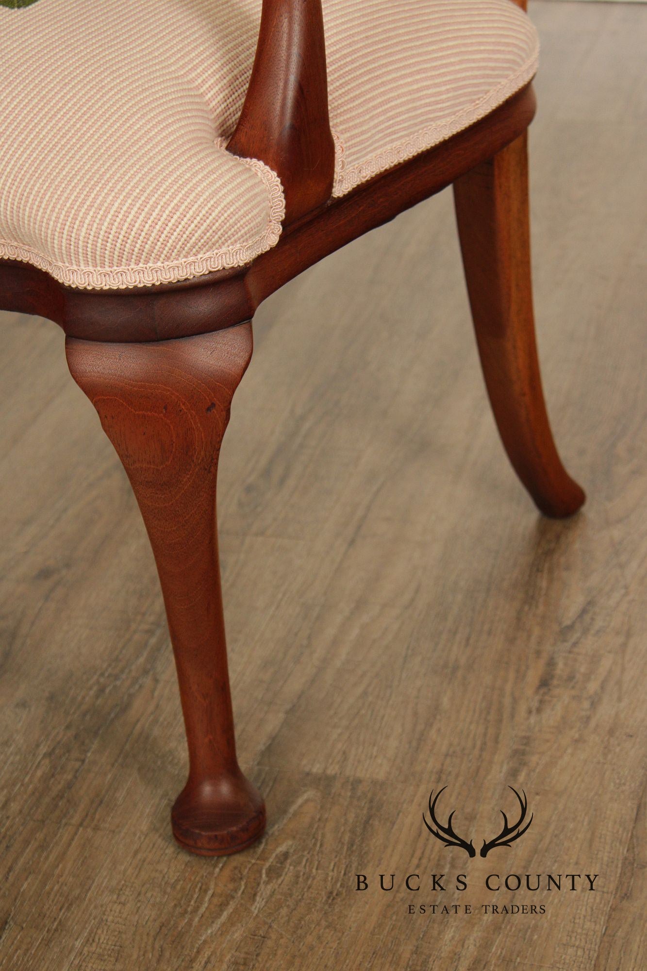 Antique Queen Anne Revival Mahogany Needlepoint Carved Open Arm Chair