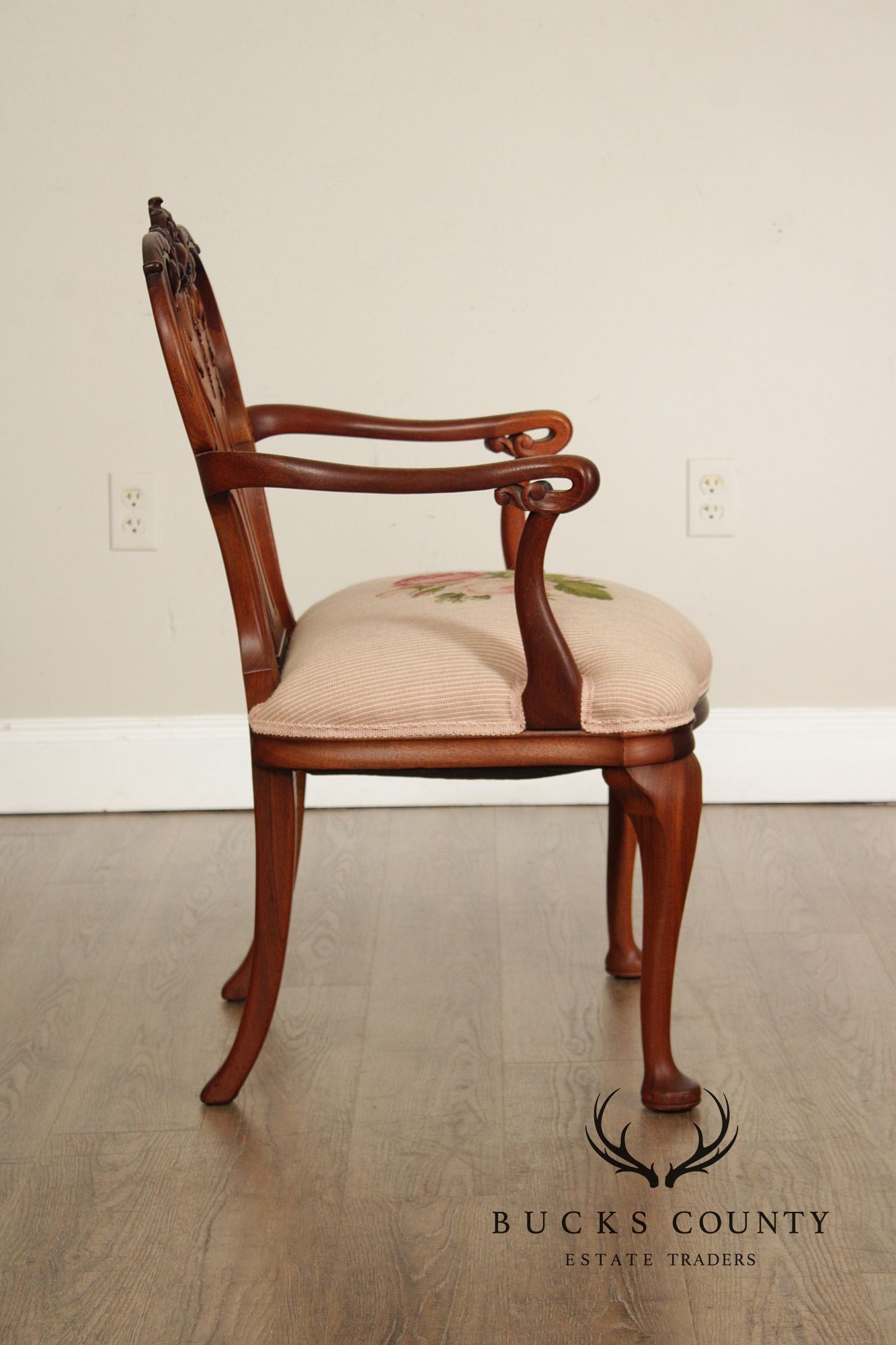 Antique Queen Anne Revival Mahogany Needlepoint Carved Open Arm Chair