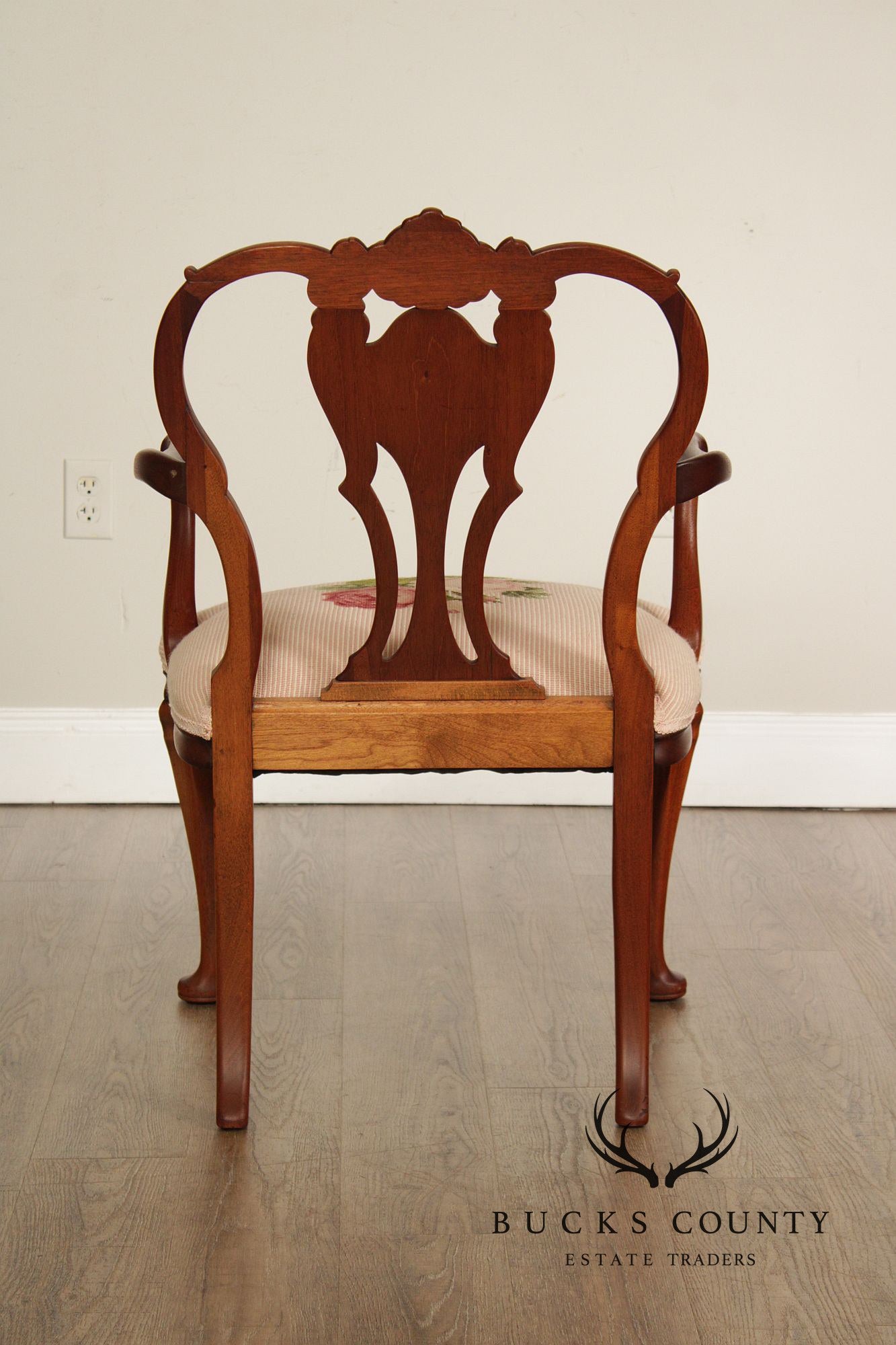 Antique Queen Anne Revival Mahogany Needlepoint Carved Open Arm Chair