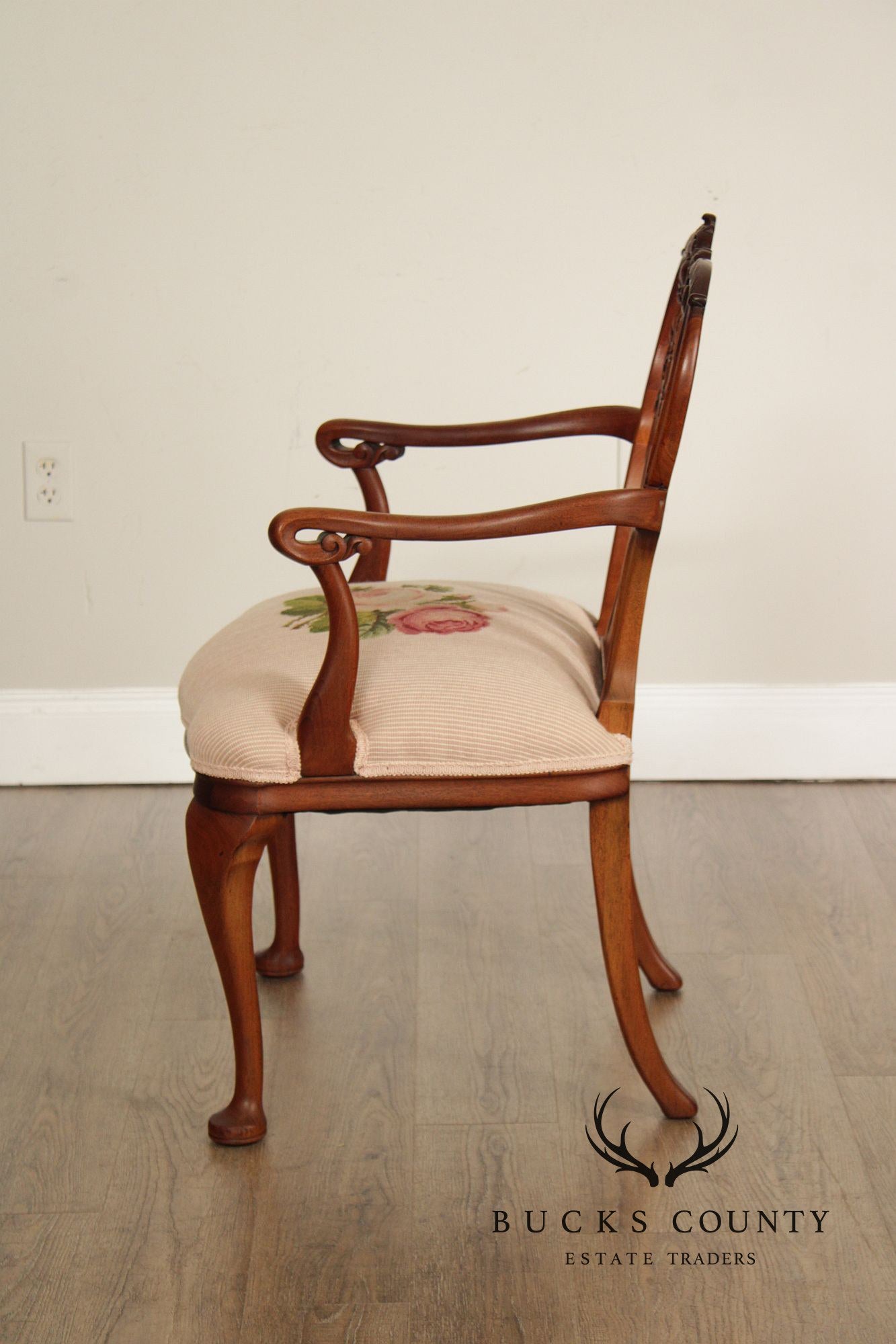 Antique Queen Anne Revival Mahogany Needlepoint Carved Open Arm Chair