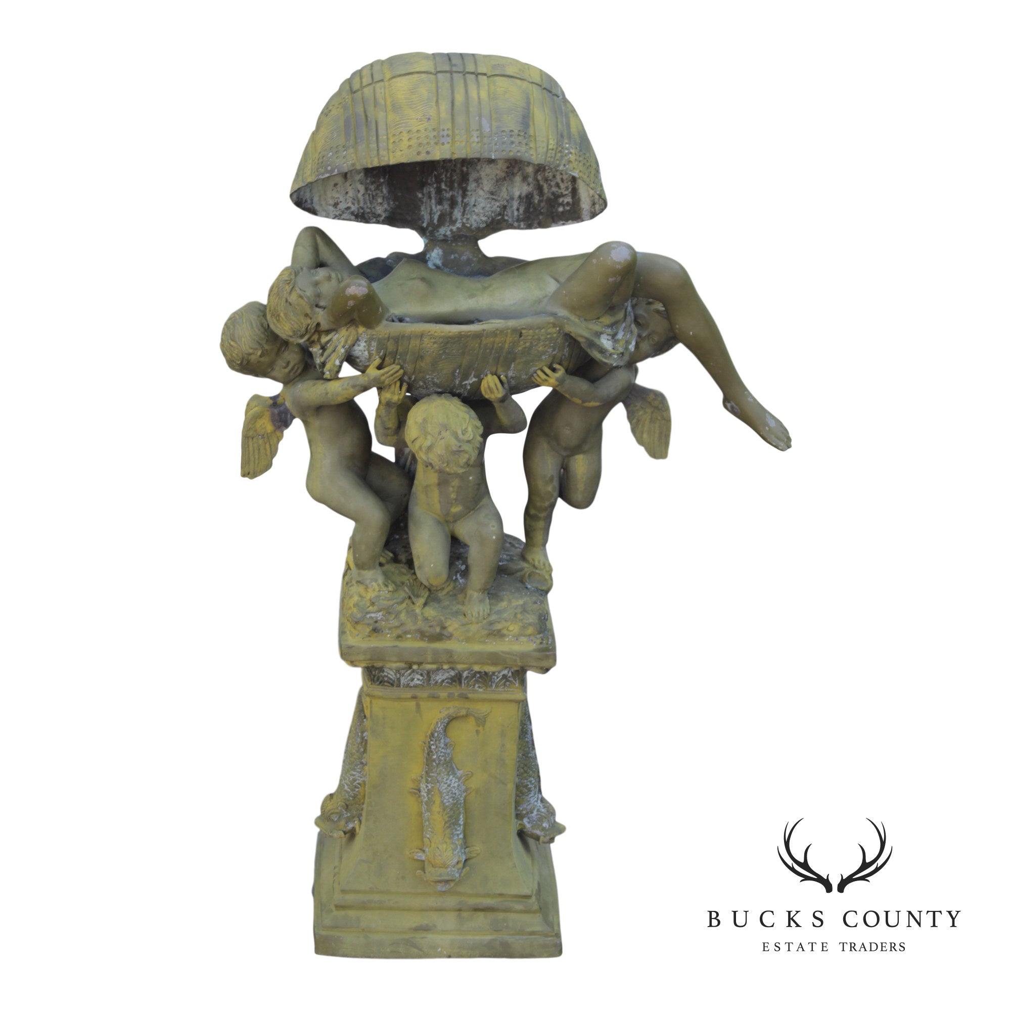 A. Moreau Verdigris Bronze Figural Fountain With Cherubs And Reclining Figure