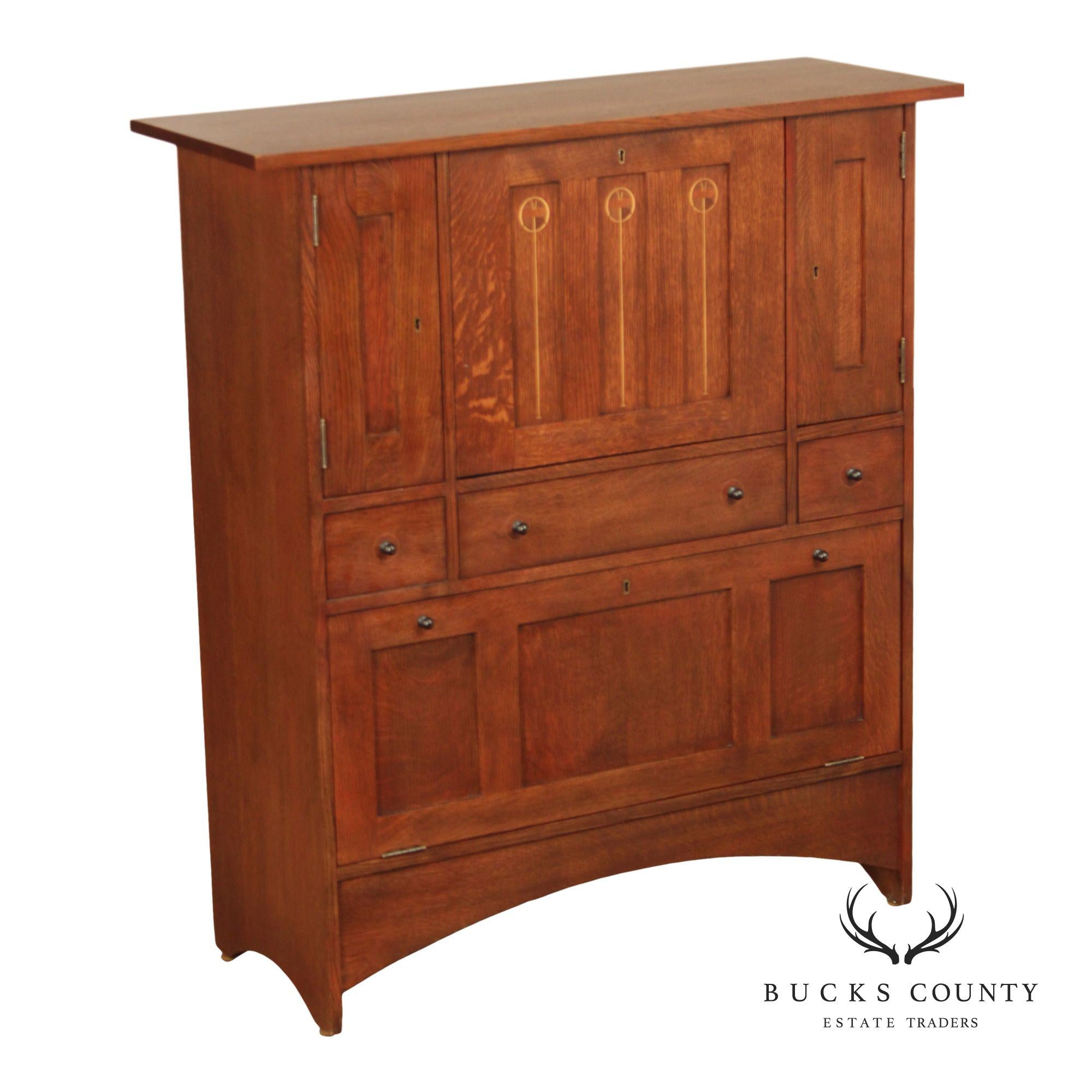 Stickley Mission Oak Harvey Ellis Inlaid Drop Front Secretary Desk And Wine Cabinet