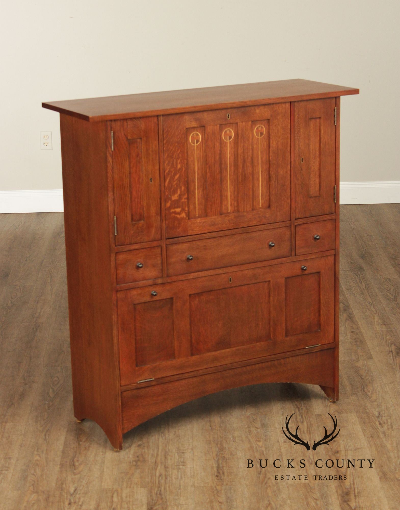 Stickley Mission Oak Harvey Ellis Inlaid Drop Front Secretary Desk And Wine Cabinet