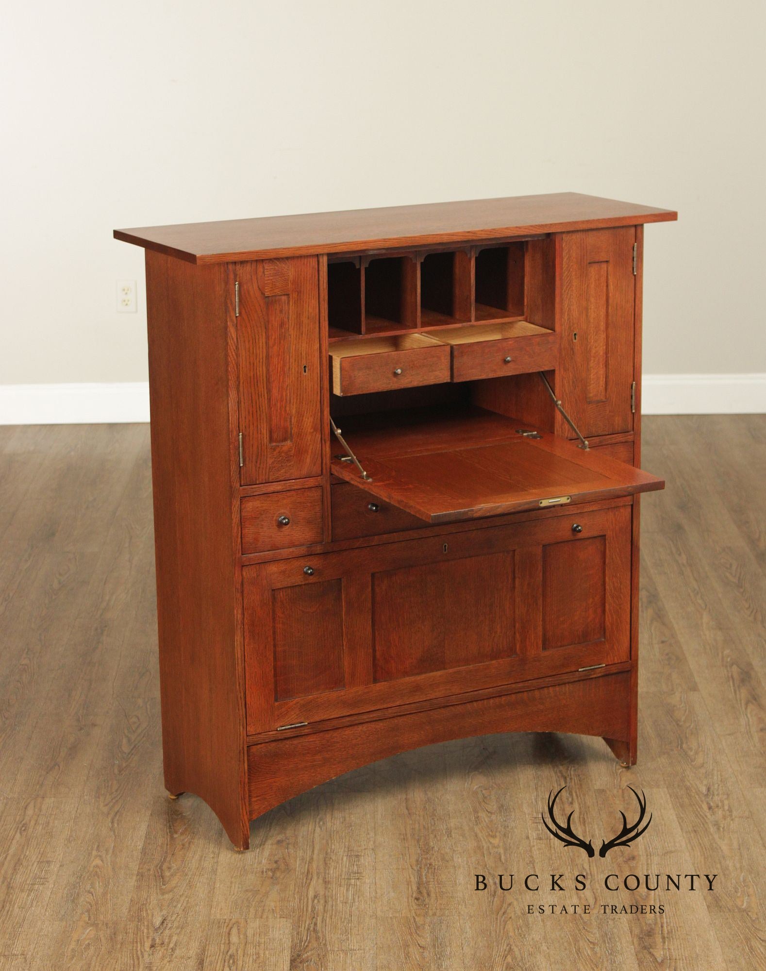 Stickley Mission Oak Harvey Ellis Inlaid Drop Front Secretary Desk And Wine Cabinet