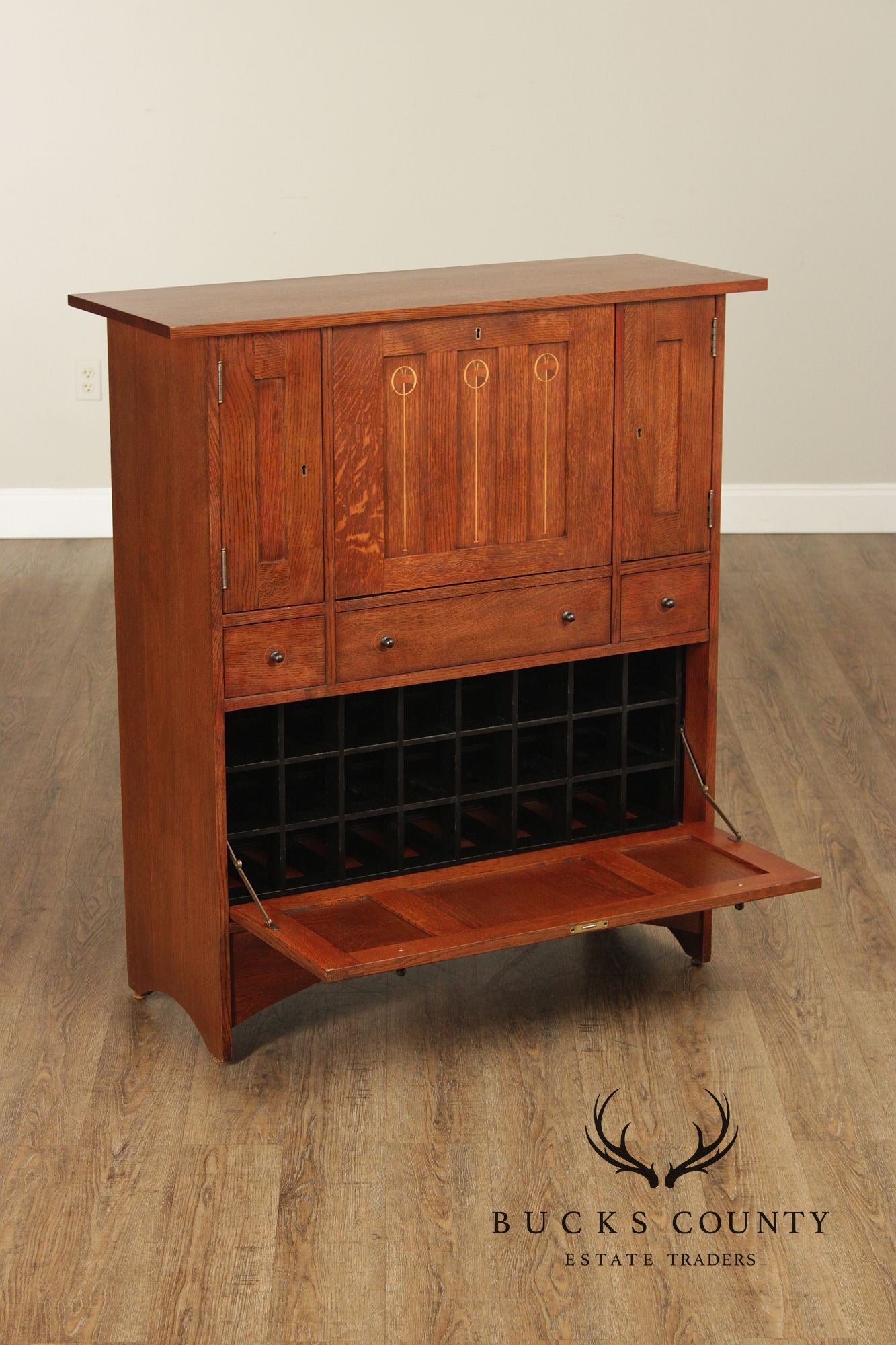 Stickley Mission Oak Harvey Ellis Inlaid Drop Front Secretary Desk And Wine Cabinet