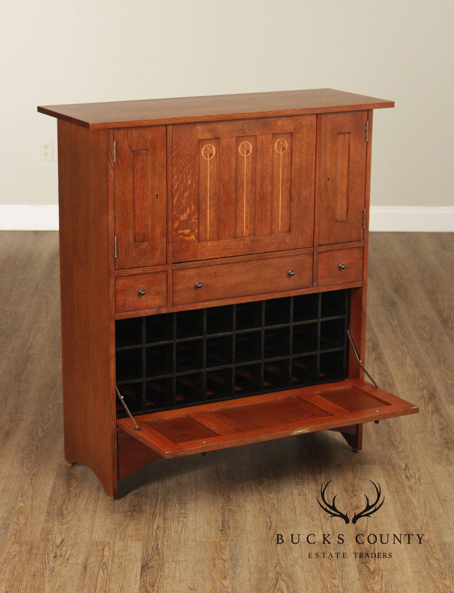 Stickley Mission Oak Harvey Ellis Inlaid Drop Front Secretary Desk And Wine Cabinet