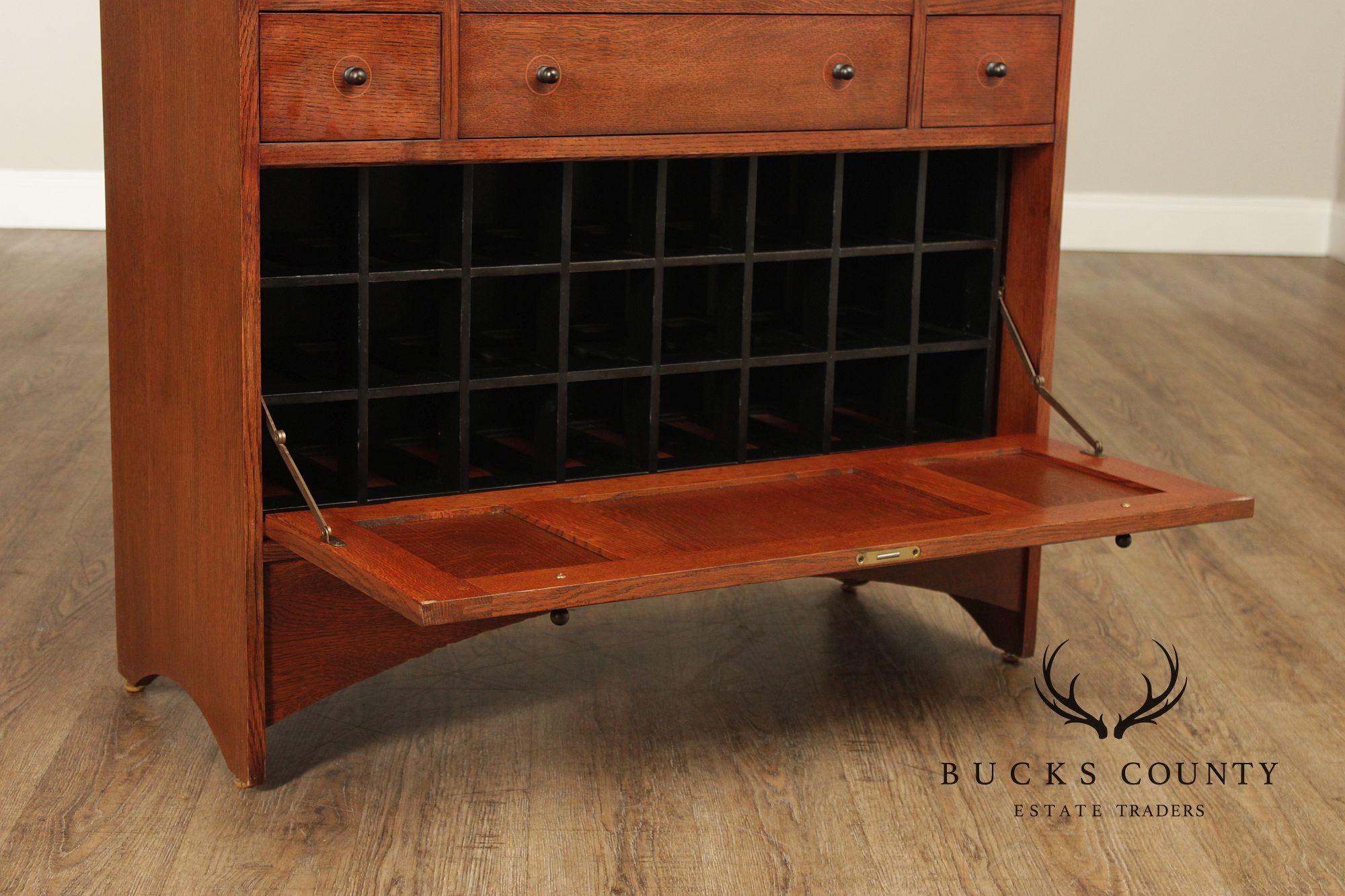 Stickley Mission Oak Harvey Ellis Inlaid Drop Front Secretary Desk And Wine Cabinet