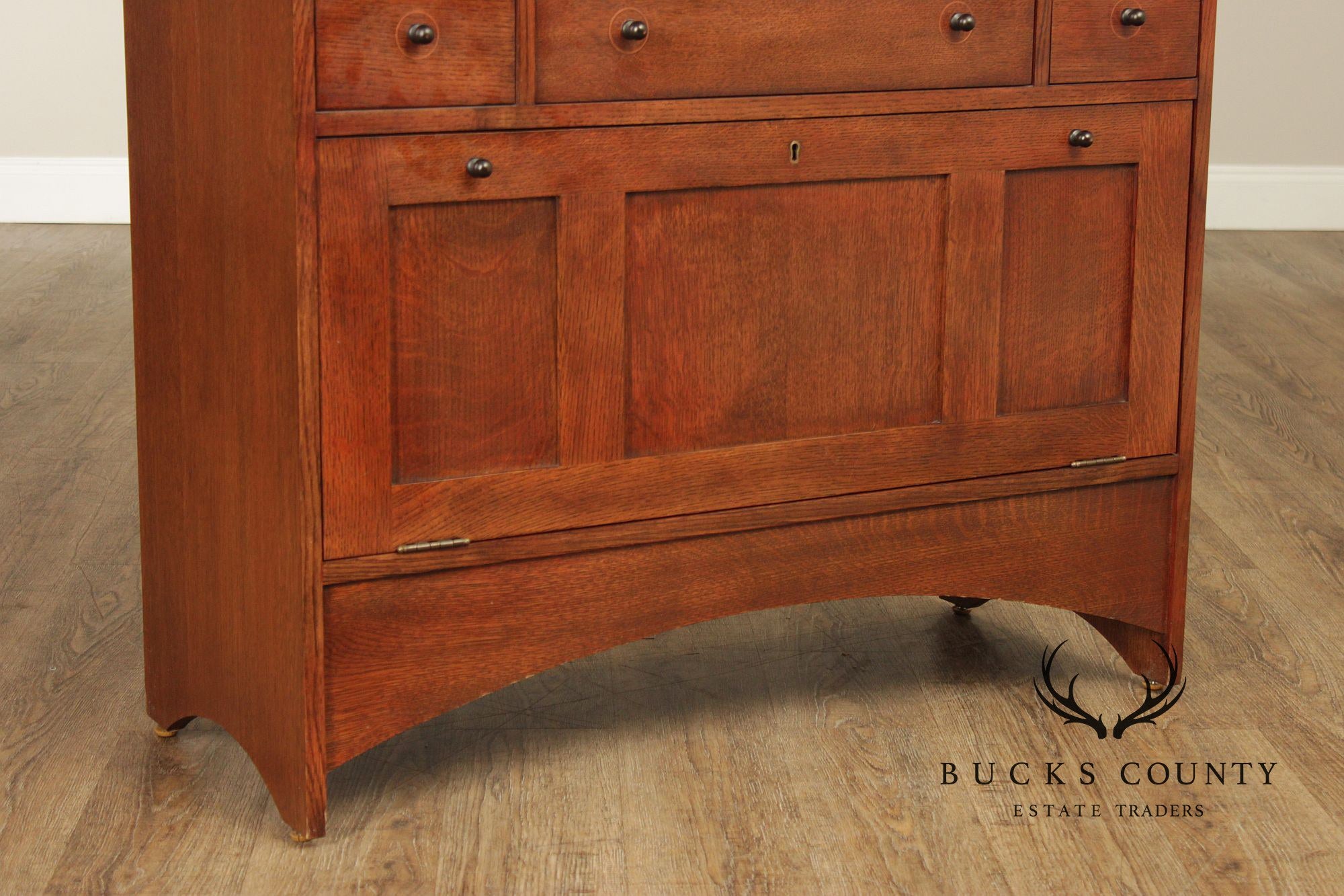 Stickley Mission Oak Harvey Ellis Inlaid Drop Front Secretary Desk And Wine Cabinet