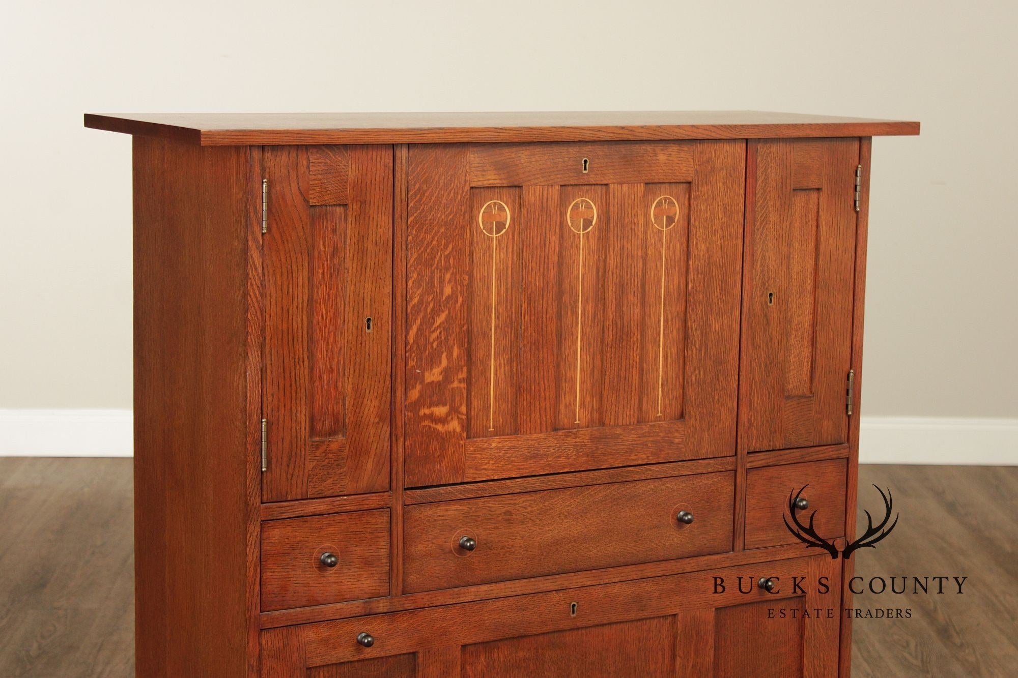 Stickley Mission Oak Harvey Ellis Inlaid Drop Front Secretary Desk And Wine Cabinet