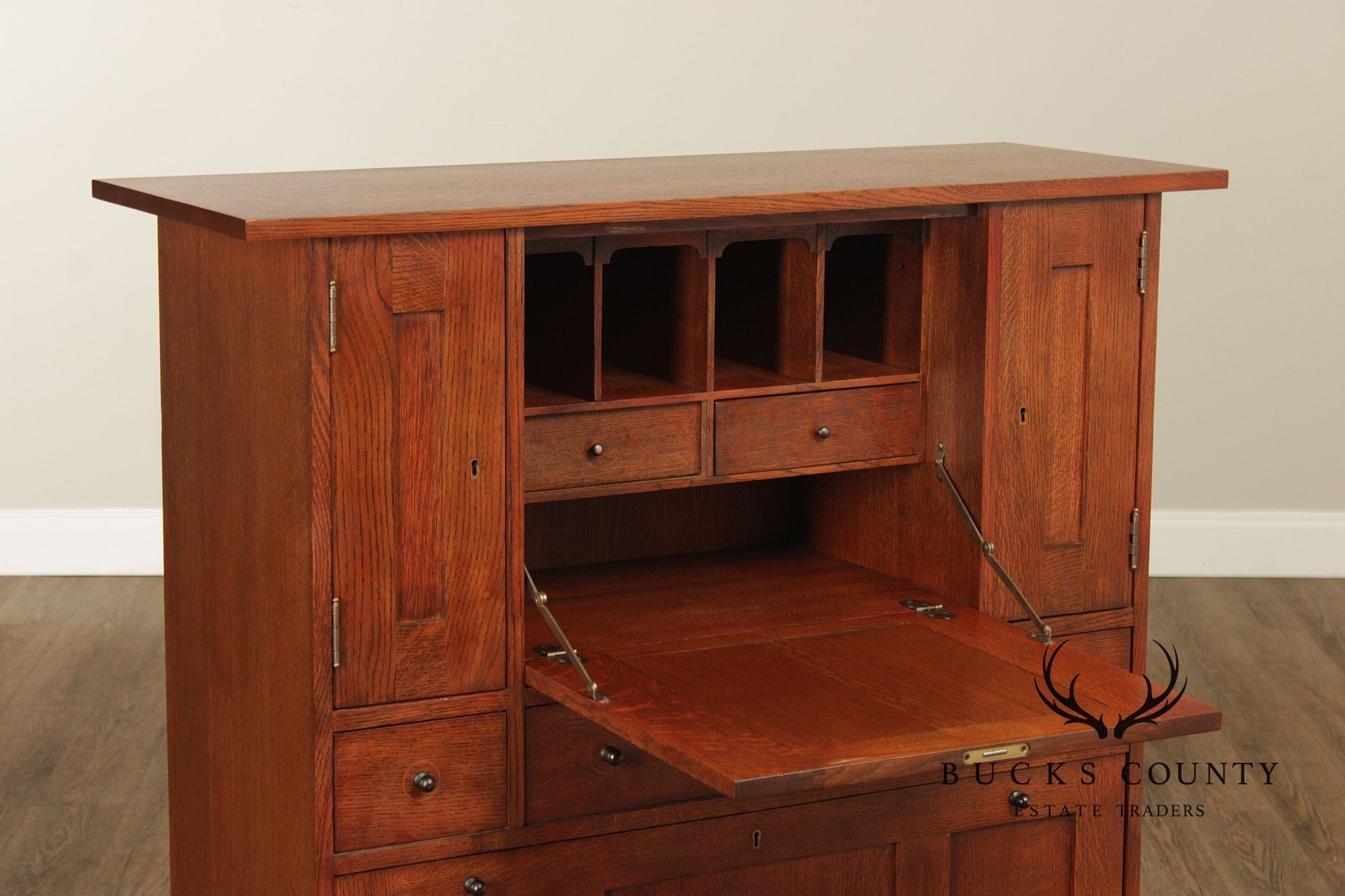 Stickley Mission Oak Harvey Ellis Inlaid Drop Front Secretary Desk And Wine Cabinet