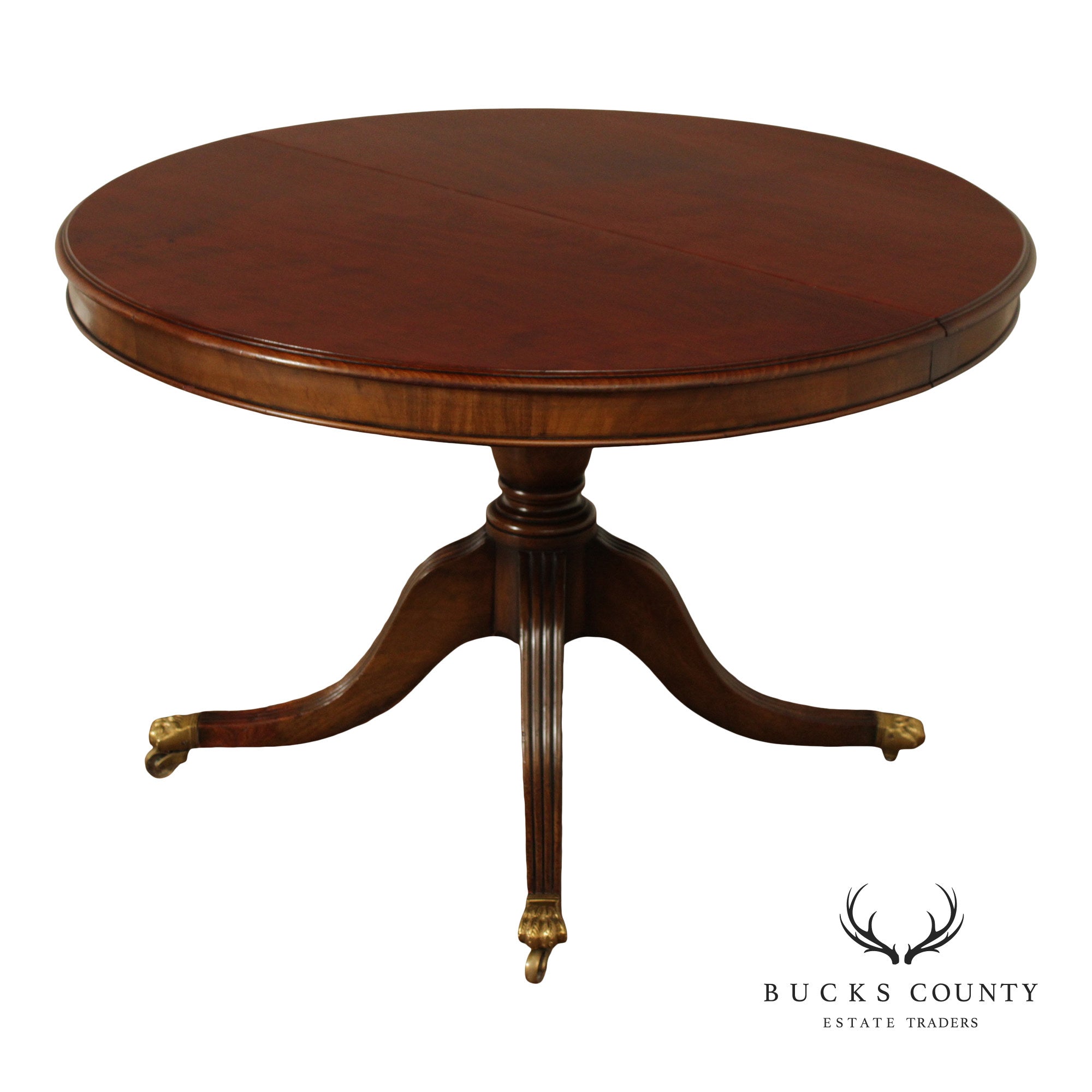English Regency Style Antique Mahogany Round Pedestal Dining Table With Leaf
