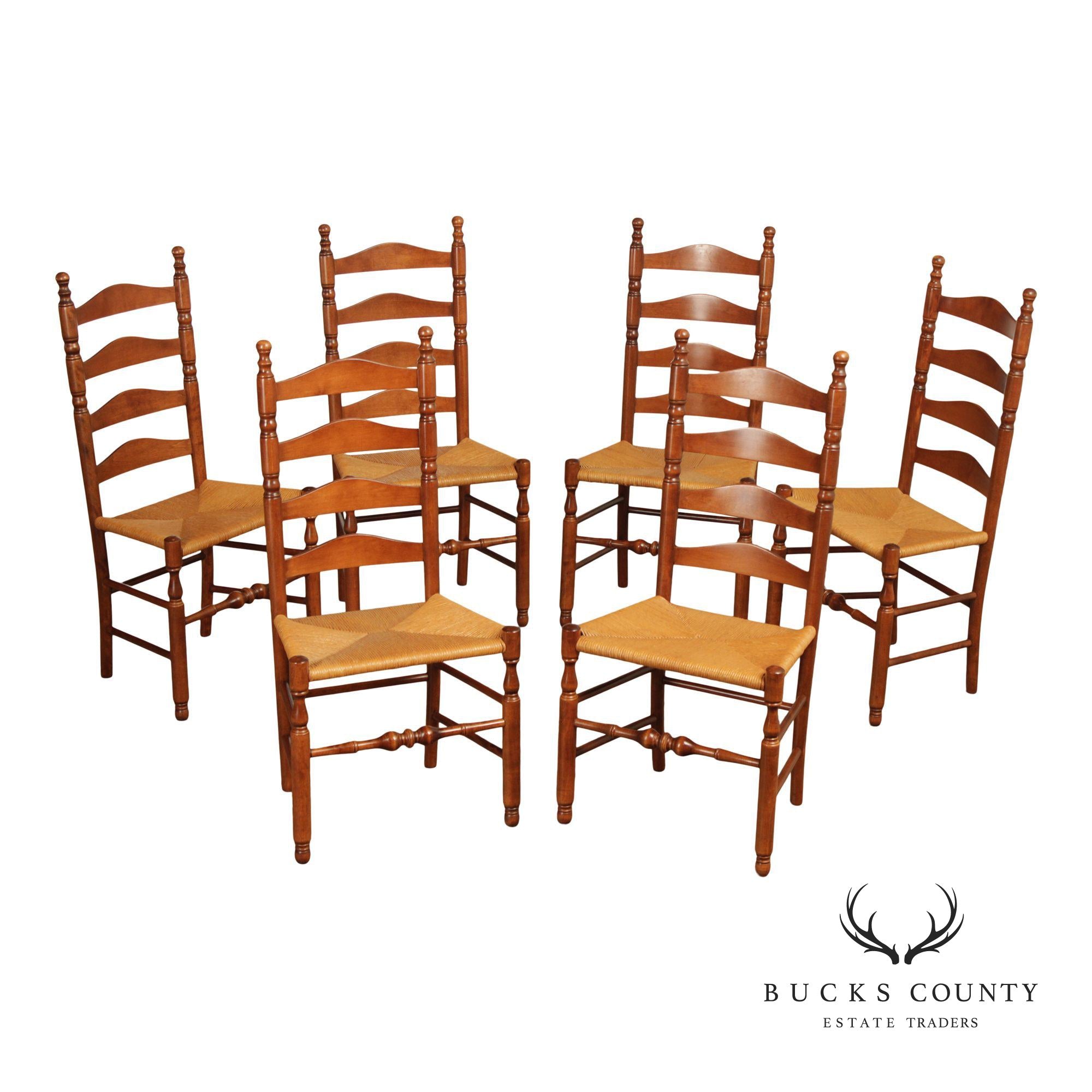 Nichols & Stone Set Of Six Maple Ladder Back Rush Seat Dining Chairs