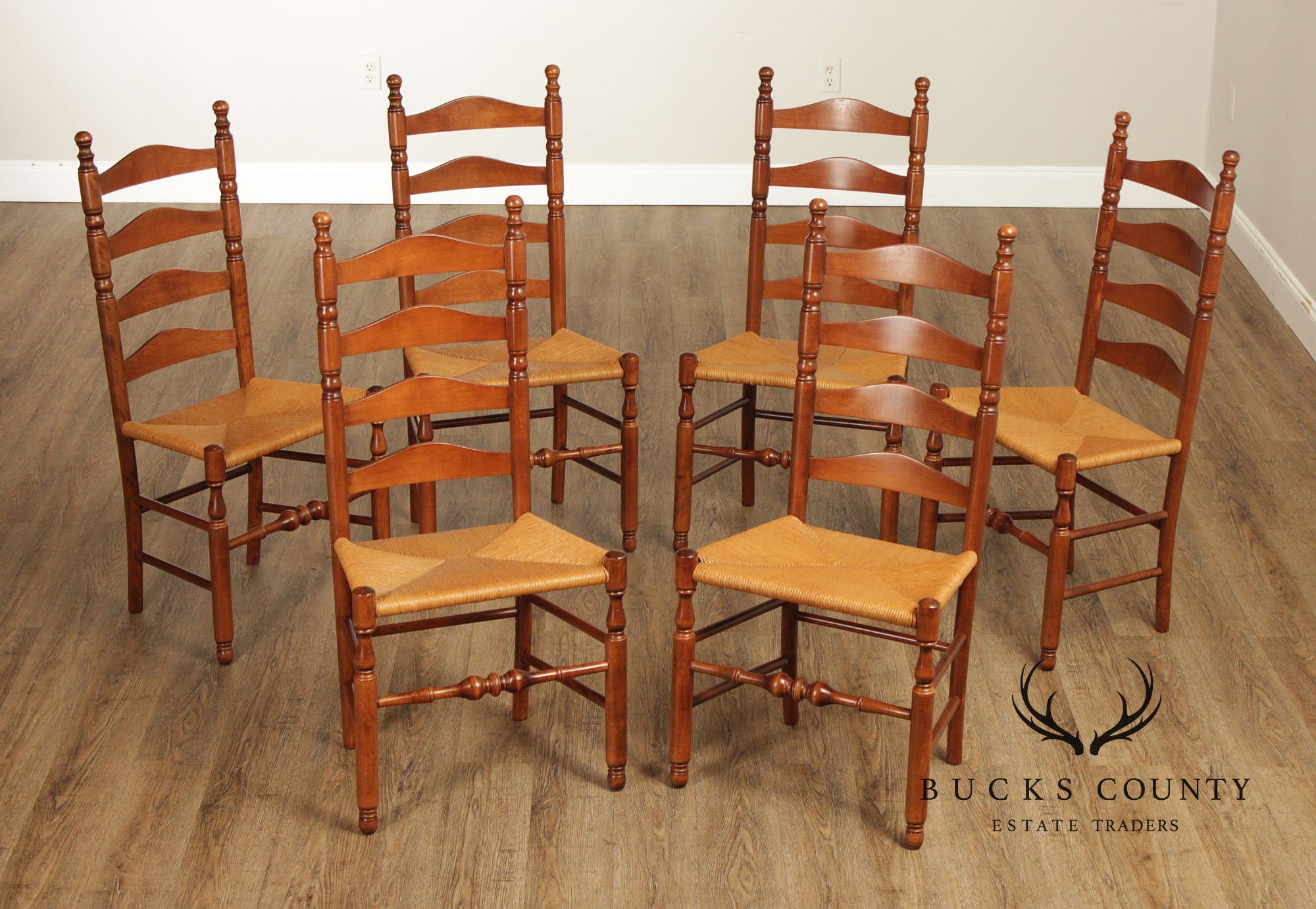 Nichols & Stone Set Of Six Maple Ladder Back Rush Seat Dining Chairs