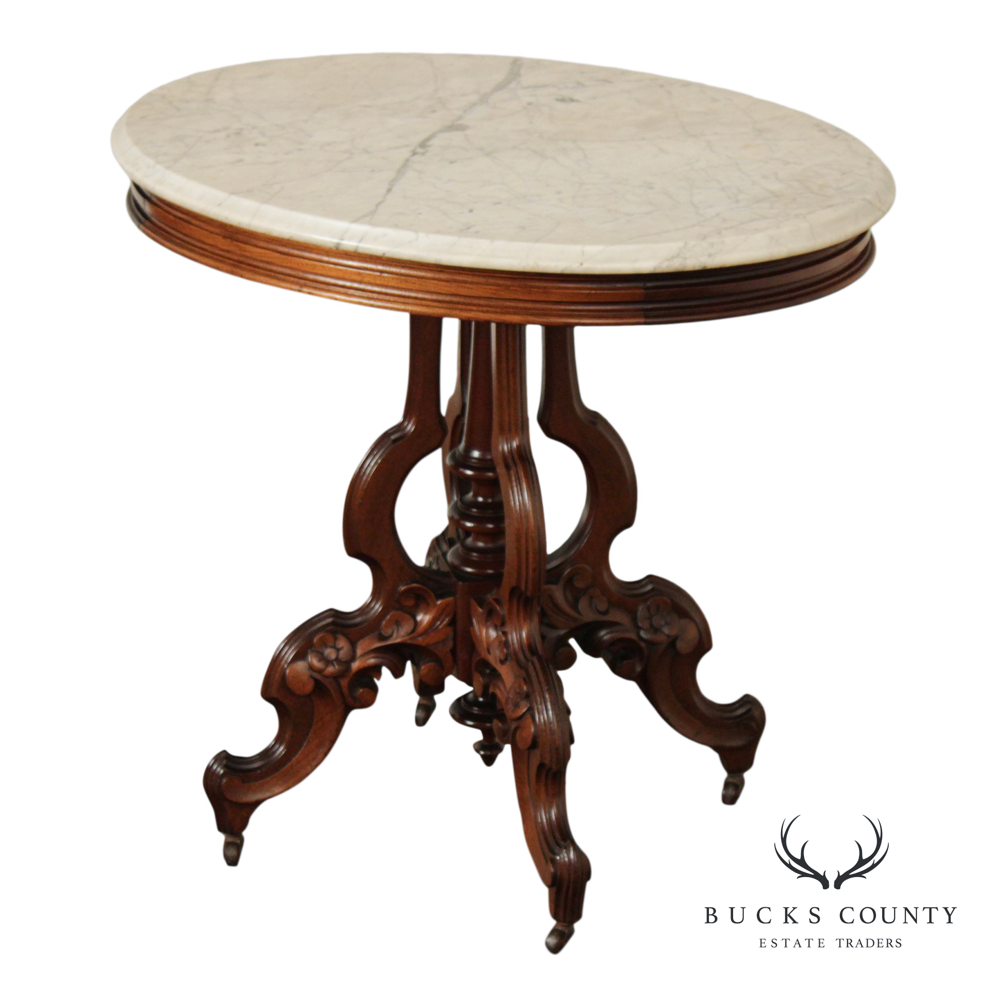 Antique Victorian Eastlake Marble Top Walnut Parlor Table