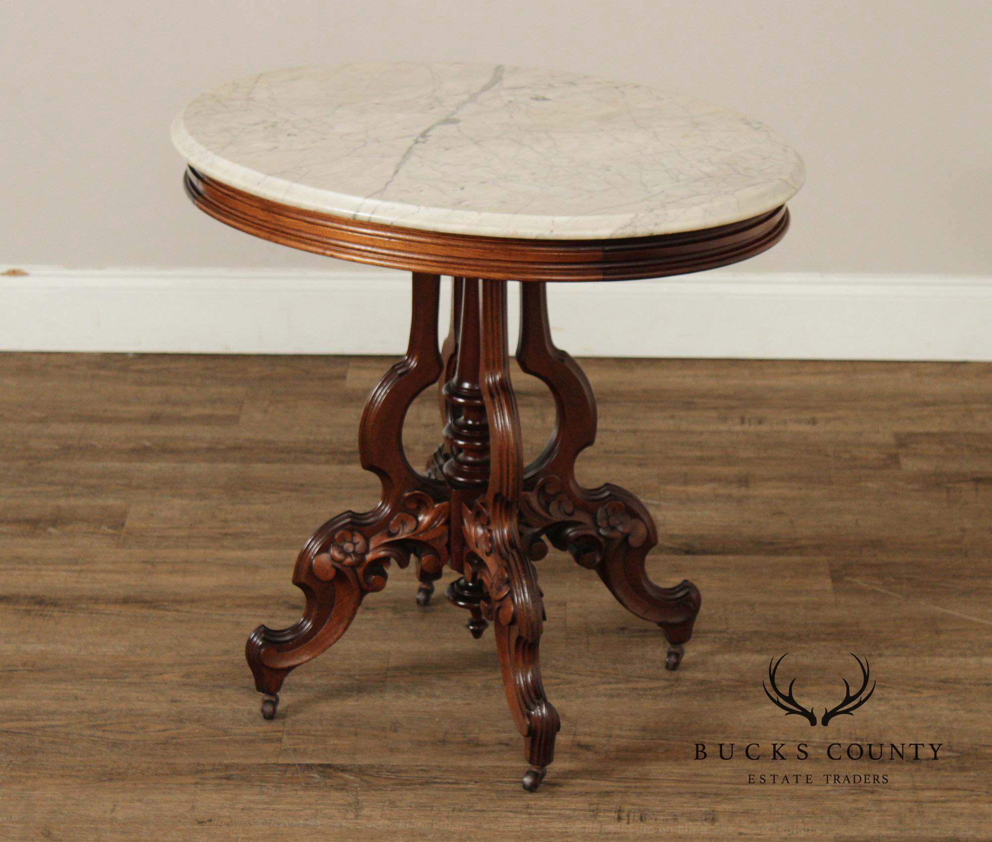 Antique Victorian Eastlake Marble Top Walnut Parlor Table