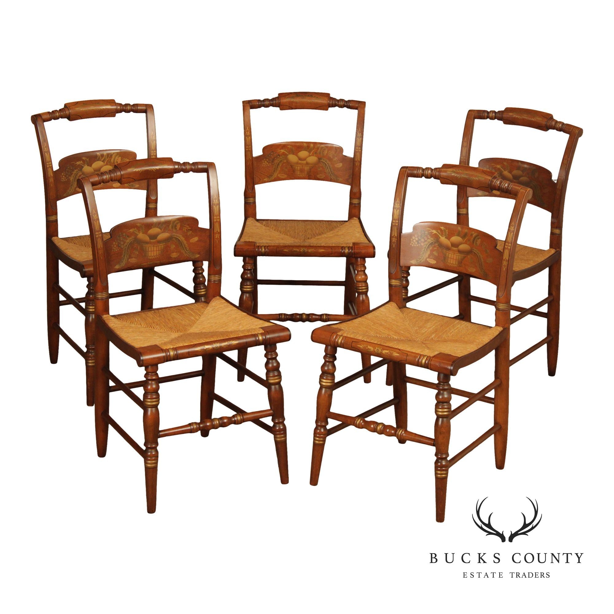 Hitchcock Set Of Five Sheraton Style Maple Painted Rush Seat Dining Chairs